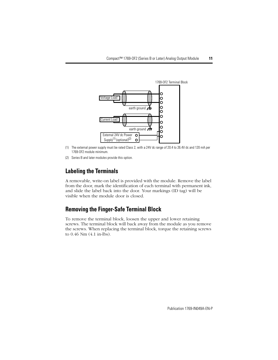 Labeling the terminals, Removing the finger-safe terminal block | Rockwell Automation 1769-OF2 Compact (Series B or Later) Analog Output Module User Manual | Page 11 / 24