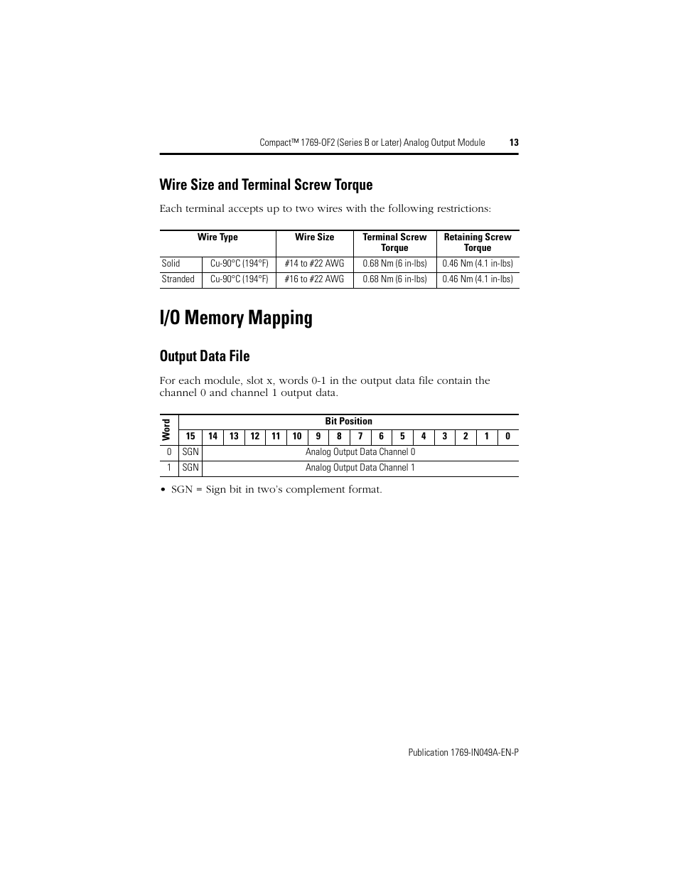 I/o memory mapping, Wire size and terminal screw torque, Output data file | Rockwell Automation 1769-OF2 Compact (Series B or Later) Analog Output Module User Manual | Page 13 / 24