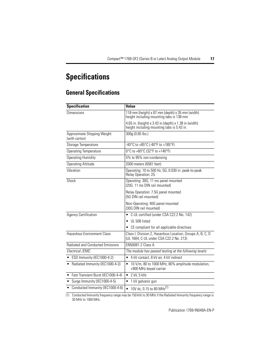 Specifications, General specifications | Rockwell Automation 1769-OF2 Compact (Series B or Later) Analog Output Module User Manual | Page 17 / 24