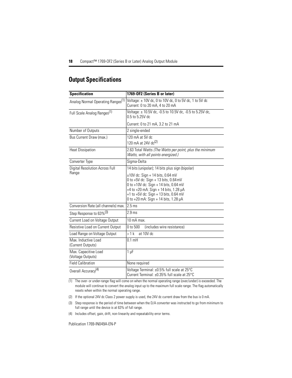 Output specifications | Rockwell Automation 1769-OF2 Compact (Series B or Later) Analog Output Module User Manual | Page 18 / 24