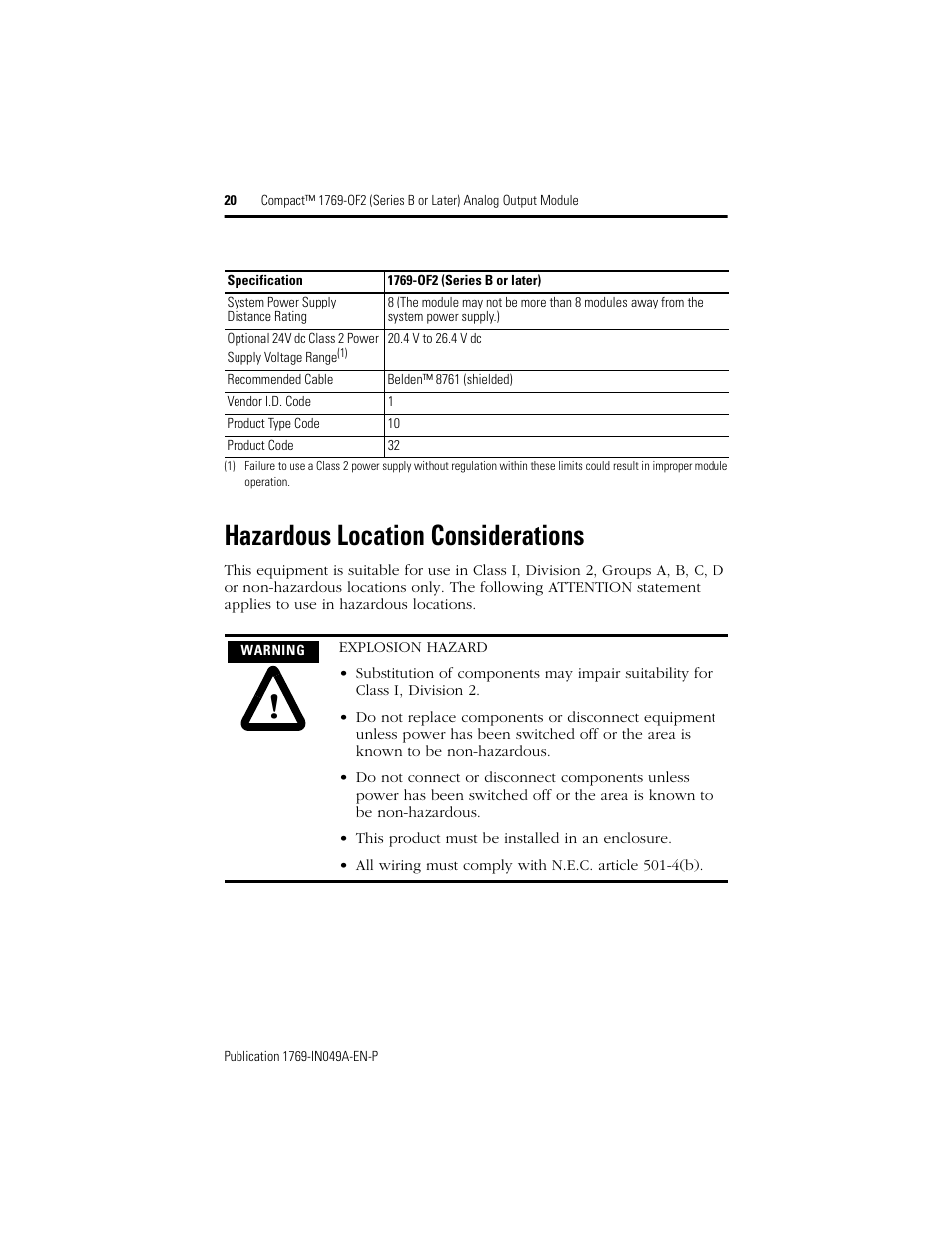 Hazardous location considerations | Rockwell Automation 1769-OF2 Compact (Series B or Later) Analog Output Module User Manual | Page 20 / 24