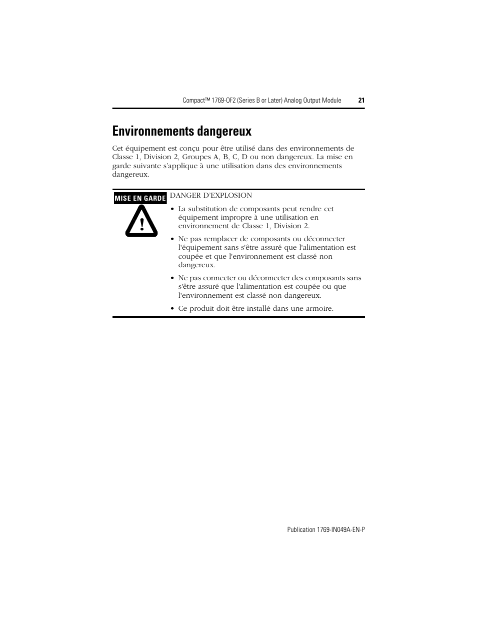 Environnements dangereux | Rockwell Automation 1769-OF2 Compact (Series B or Later) Analog Output Module User Manual | Page 21 / 24