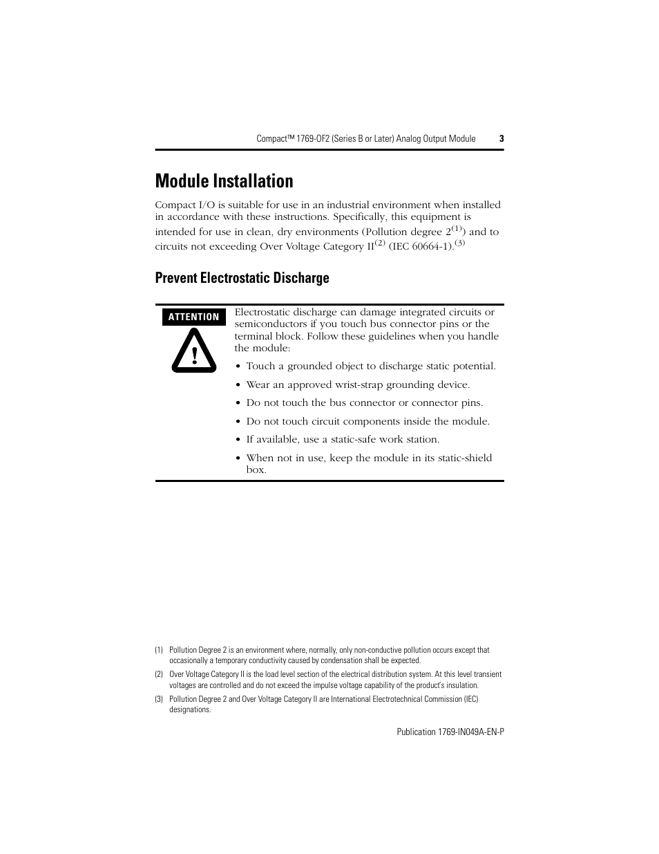 Module installation, Prevent electrostatic discharge | Rockwell Automation 1769-OF2 Compact (Series B or Later) Analog Output Module User Manual | Page 3 / 24