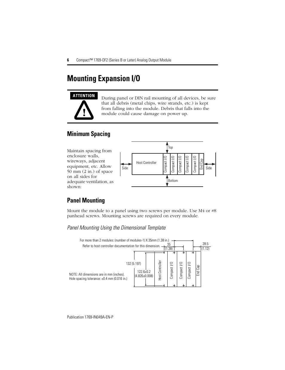 Mounting expansion i/o, Minimum spacing, Panel mounting | Panel mounting using the dimensional template | Rockwell Automation 1769-OF2 Compact (Series B or Later) Analog Output Module User Manual | Page 6 / 24