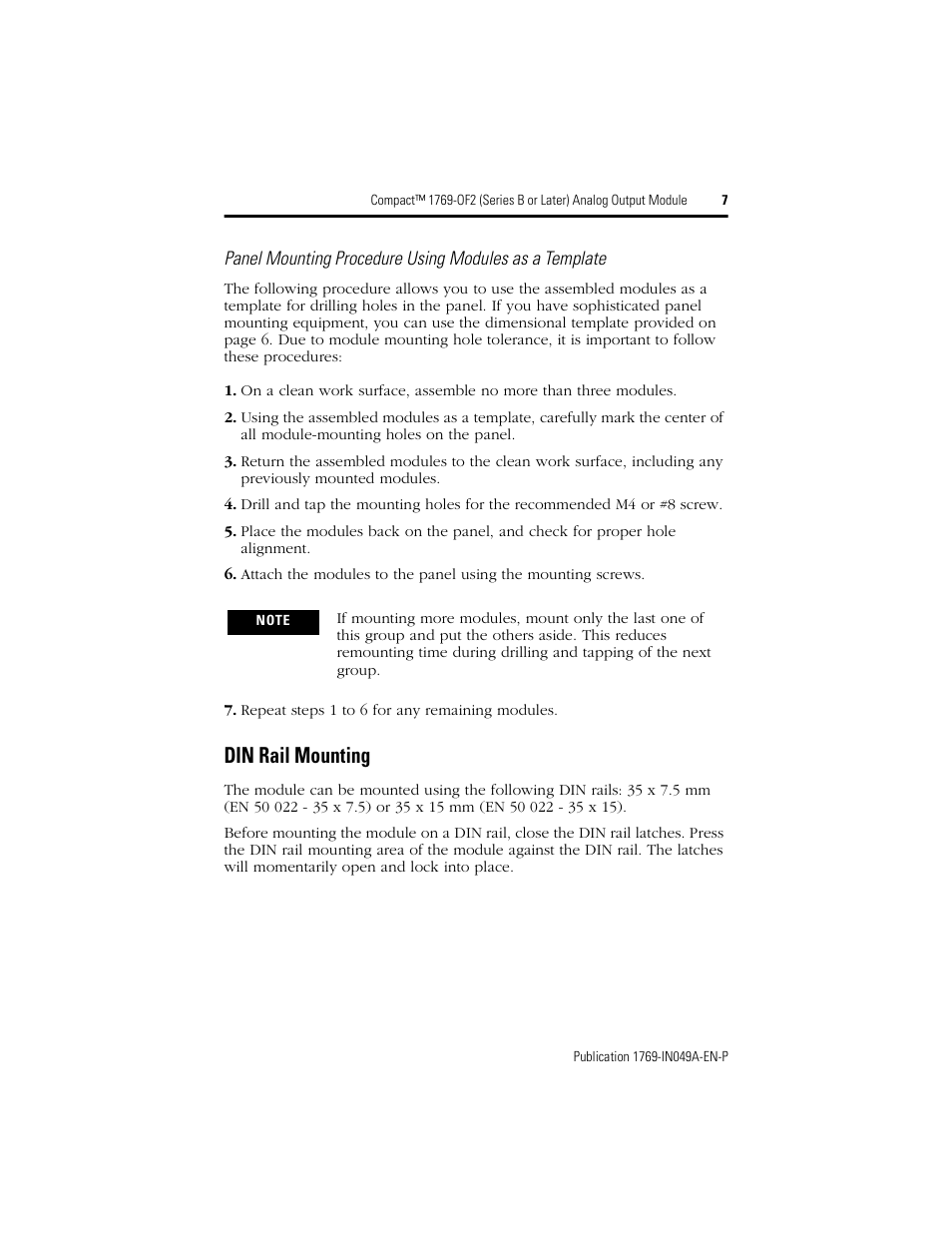 Din rail mounting | Rockwell Automation 1769-OF2 Compact (Series B or Later) Analog Output Module User Manual | Page 7 / 24