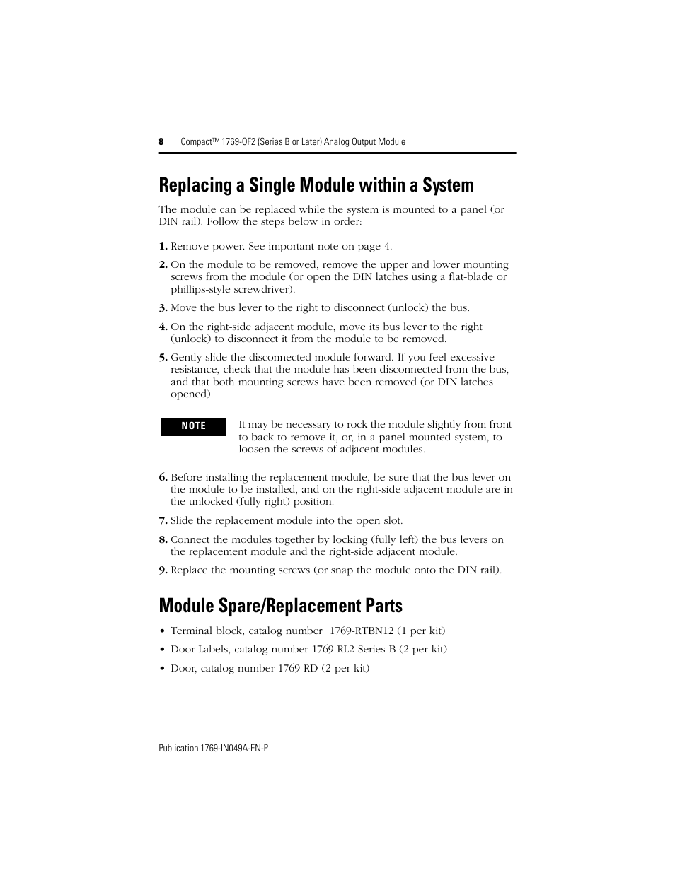 Replacing a single module within a system, Module spare/replacement parts | Rockwell Automation 1769-OF2 Compact (Series B or Later) Analog Output Module User Manual | Page 8 / 24