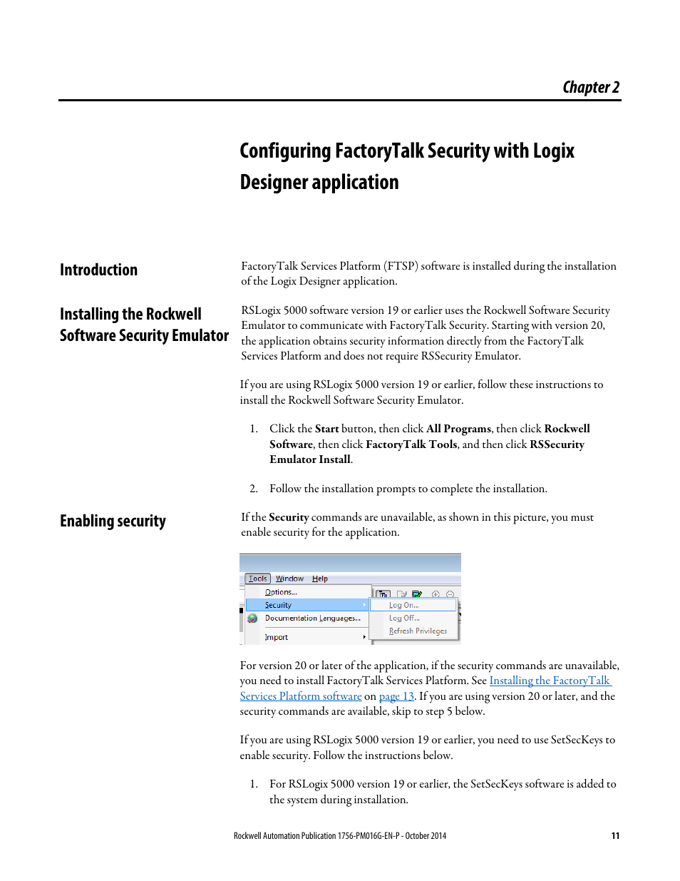 Introduction, Installing the rockwell software security emulator, Enabling security | Chapter 2, Configuring factorytalk, Security with logix designer, Application | Rockwell Automation Logix5000 Controllers Security Programming Manual User Manual | Page 11 / 63