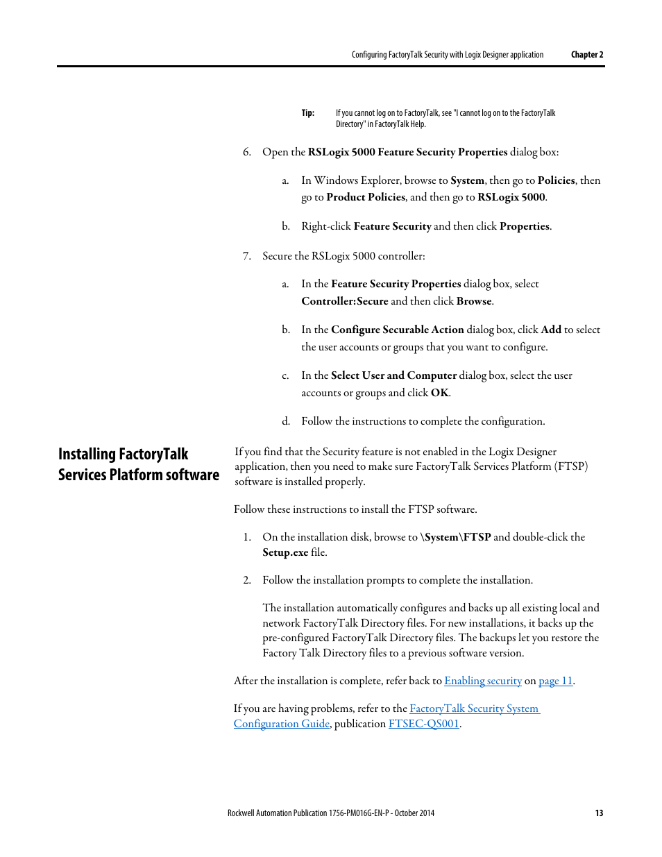 Installing factorytalk services platform software, Installing the factorytalk, Services platform software | Rockwell Automation Logix5000 Controllers Security Programming Manual User Manual | Page 13 / 63
