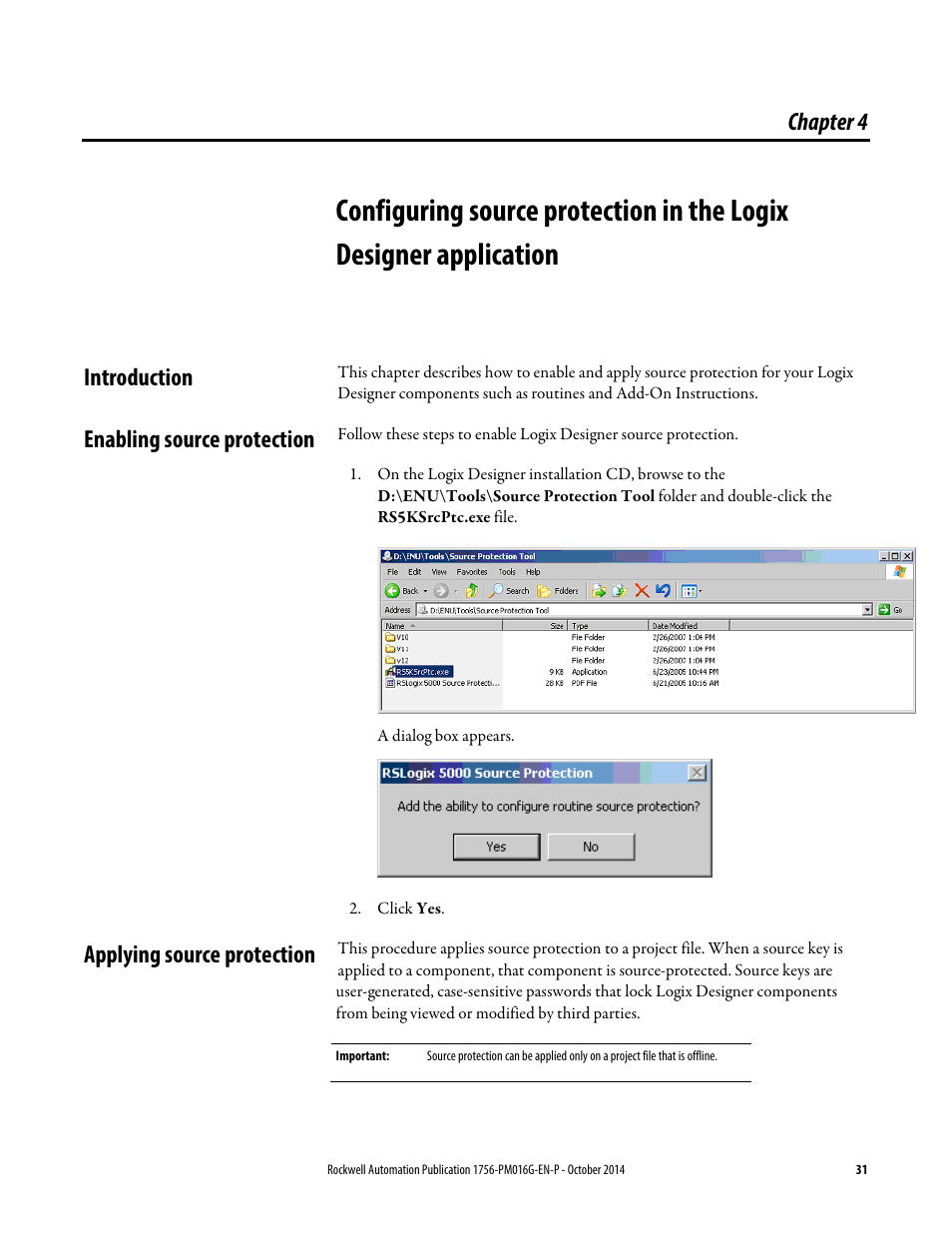 Introduction, Enabling source protection, Applying source protection | Chapter 4, Configuring source, Protection in the logix, Designer application | Rockwell Automation Logix5000 Controllers Security Programming Manual User Manual | Page 31 / 63