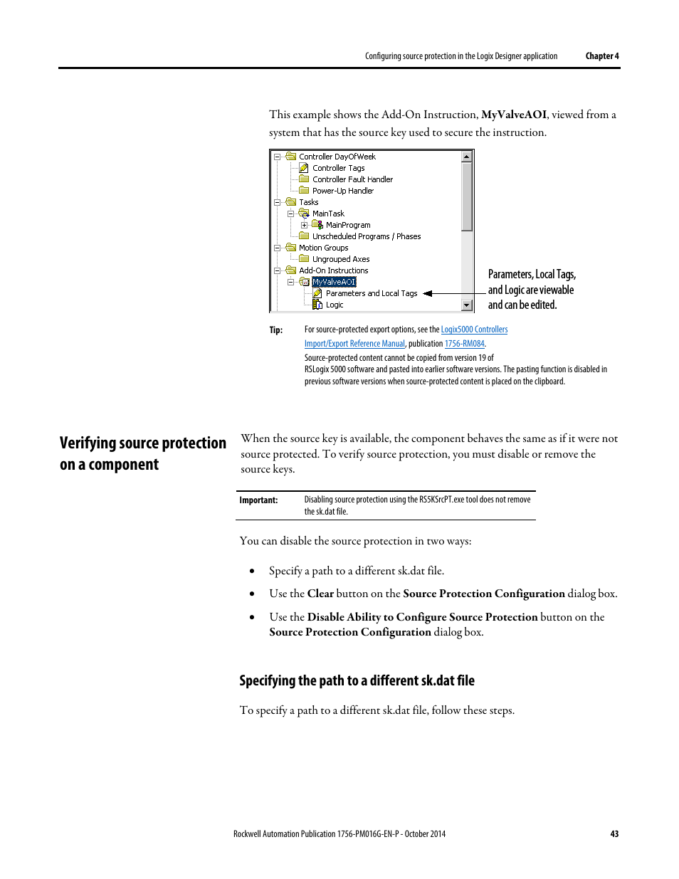 Verifying source protection on a component, Specifying the path to a different sk.dat file | Rockwell Automation Logix5000 Controllers Security Programming Manual User Manual | Page 43 / 63