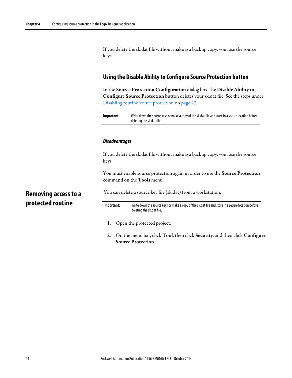 Removing access to a protected routine, Removing, Access to a protected routine | Rockwell Automation Logix5000 Controllers Security Programming Manual User Manual | Page 46 / 63