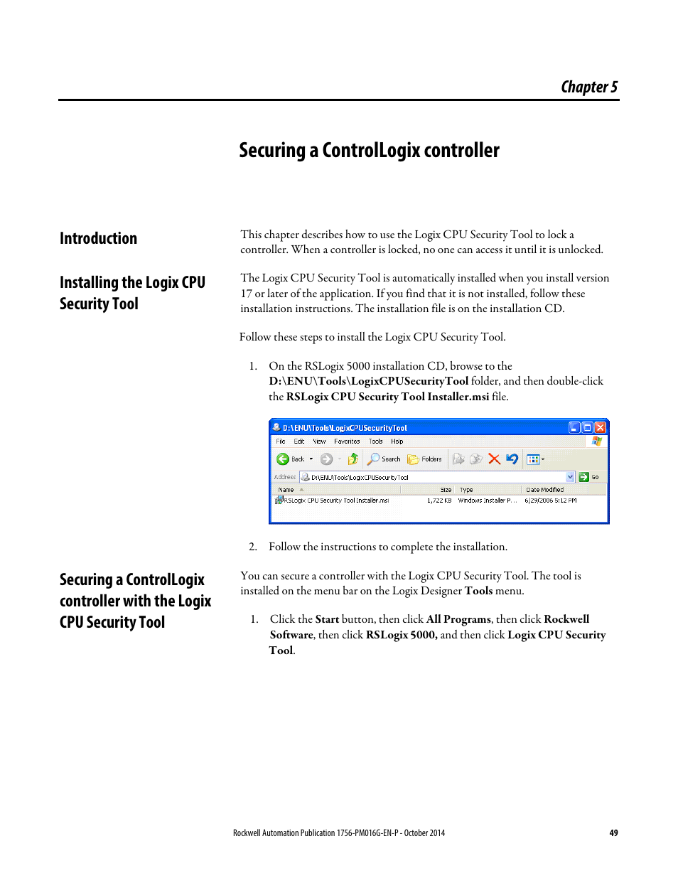 Securing a controllogix controller, Introduction, Installing the logix cpu security tool | Chapter 5, Securing a controllogix, Controller | Rockwell Automation Logix5000 Controllers Security Programming Manual User Manual | Page 49 / 63