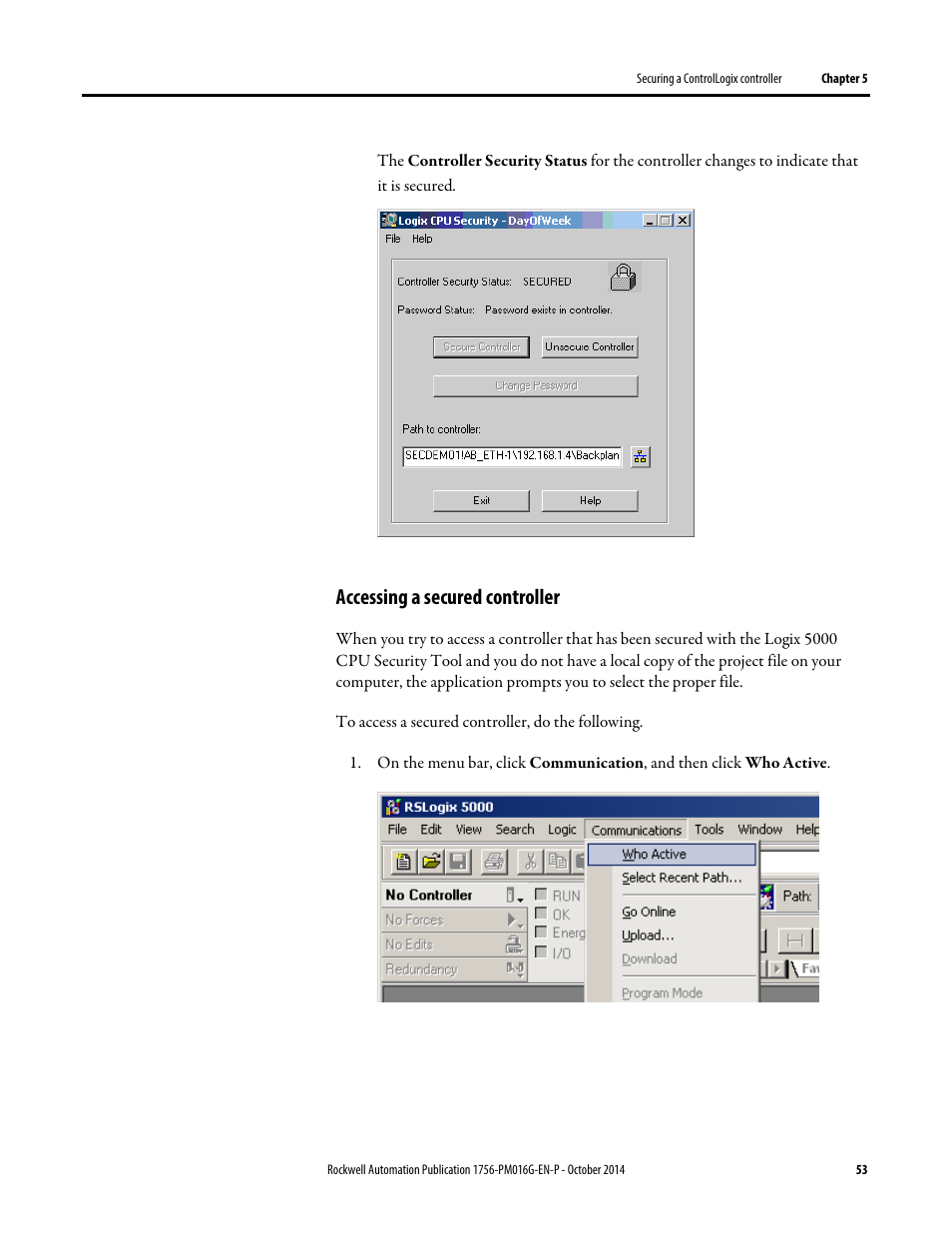 Accessing a secured controller | Rockwell Automation Logix5000 Controllers Security Programming Manual User Manual | Page 53 / 63