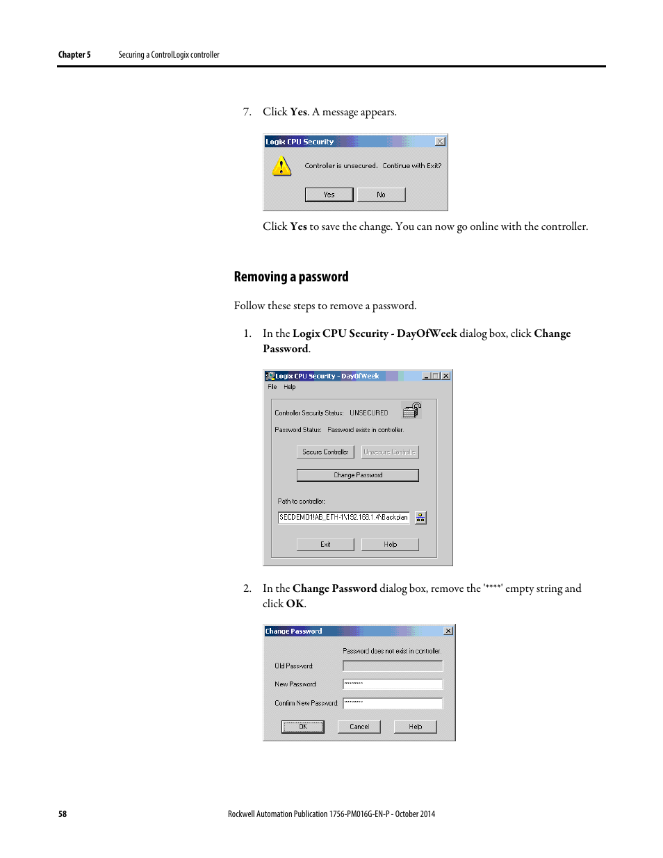 Removing a password | Rockwell Automation Logix5000 Controllers Security Programming Manual User Manual | Page 58 / 63