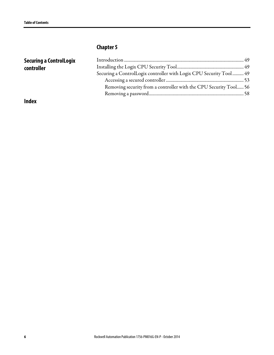 Chapter 5, Securing a controllogix controller, Index | Rockwell Automation Logix5000 Controllers Security Programming Manual User Manual | Page 6 / 63