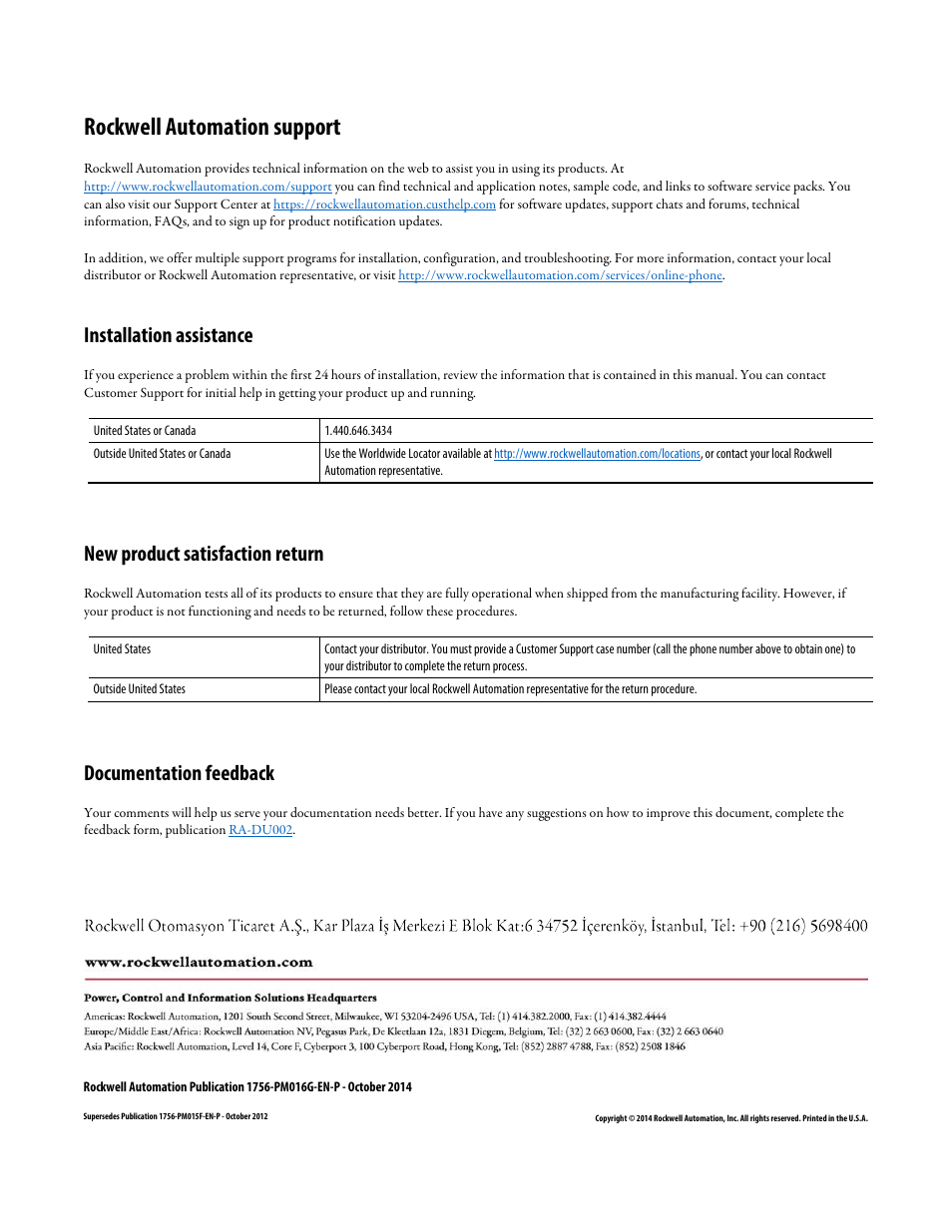 Rockwell automation support, Installation assistance, New product satisfaction return | Documentation feedback | Rockwell Automation Logix5000 Controllers Security Programming Manual User Manual | Page 63 / 63