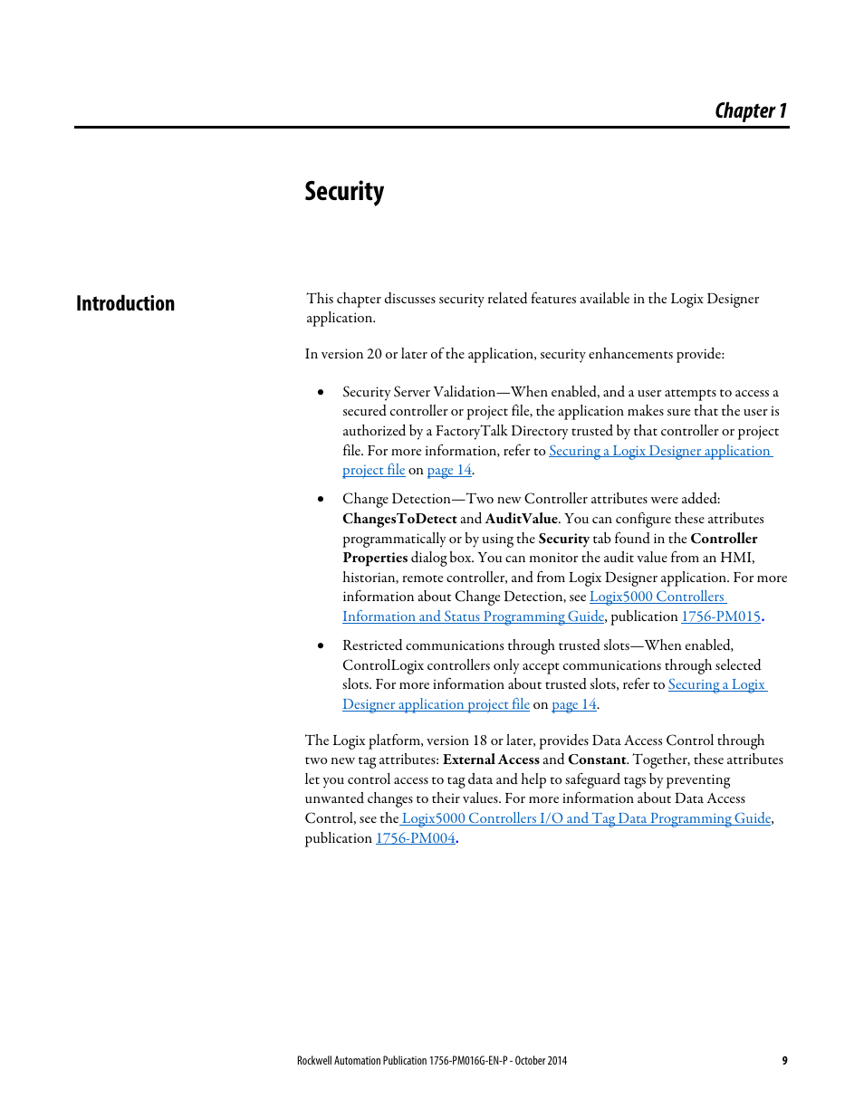 Security, Introduction, Chapter 1 | Rockwell Automation Logix5000 Controllers Security Programming Manual User Manual | Page 9 / 63