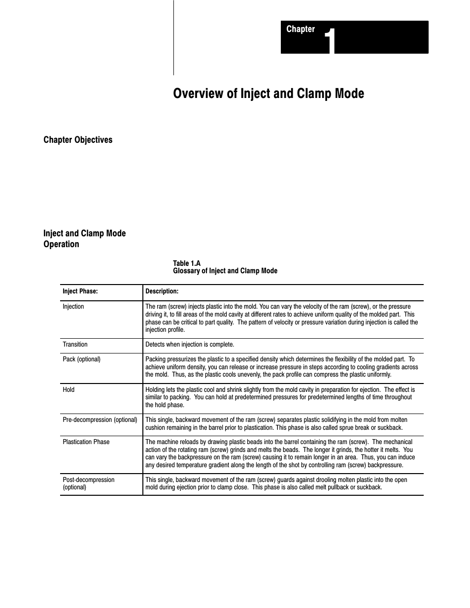 1771-6.5.86, 1 - overview of inject and clamp mode, Overview of inject and clamp mode | Rockwell Automation 1771-QDC, D17716.5.86(Passport) PLASTIC MOLDING MODULE User Manual | Page 13 / 289