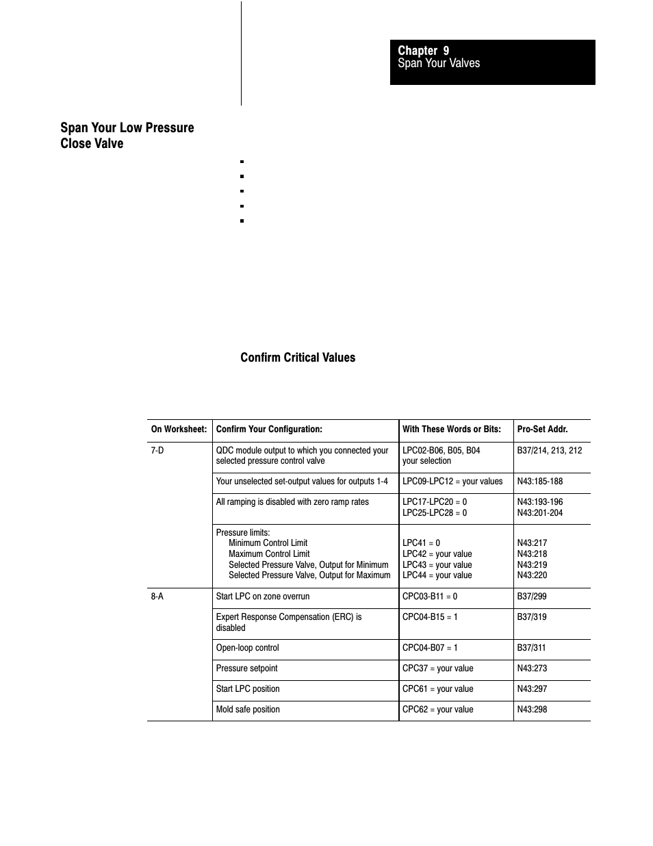 Span your low pressure close valve | Rockwell Automation 1771-QDC, D17716.5.86(Passport) PLASTIC MOLDING MODULE User Manual | Page 160 / 289