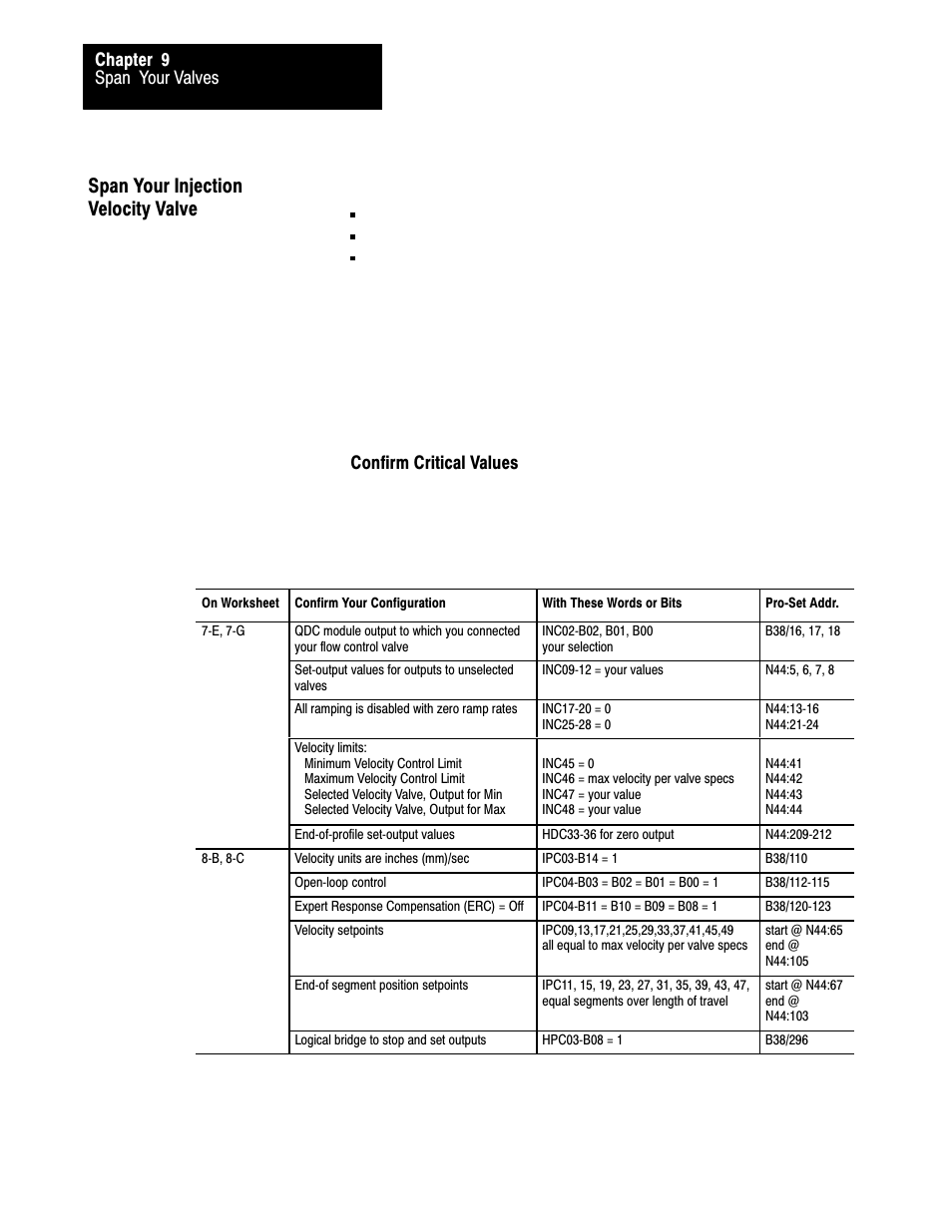 9ć24, Span your injection velocity valve, Span your valves chapter 9 | Confirm critical values | Rockwell Automation 1771-QDC, D17716.5.86(Passport) PLASTIC MOLDING MODULE User Manual | Page 181 / 289