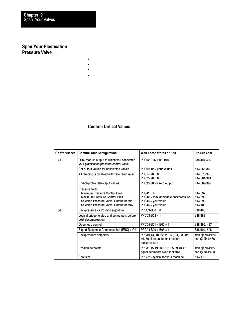 9ć36, Span your plastication pressure valve, Span your valves chapter 9 | Confirm critical values | Rockwell Automation 1771-QDC, D17716.5.86(Passport) PLASTIC MOLDING MODULE User Manual | Page 193 / 289