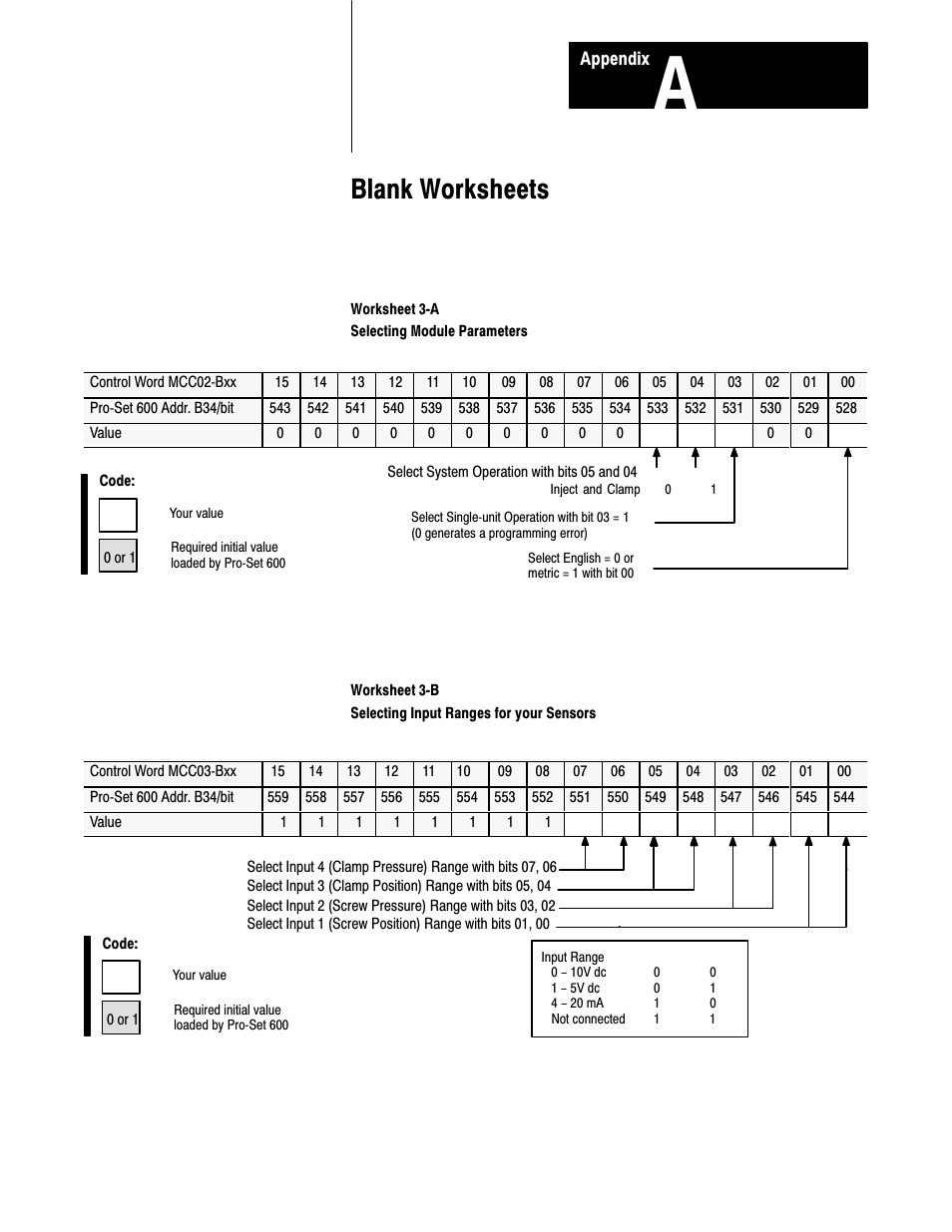 1771-6.5.86, a - blank worksheets, Blank worksheets | Rockwell Automation 1771-QDC, D17716.5.86(Passport) PLASTIC MOLDING MODULE User Manual | Page 246 / 289