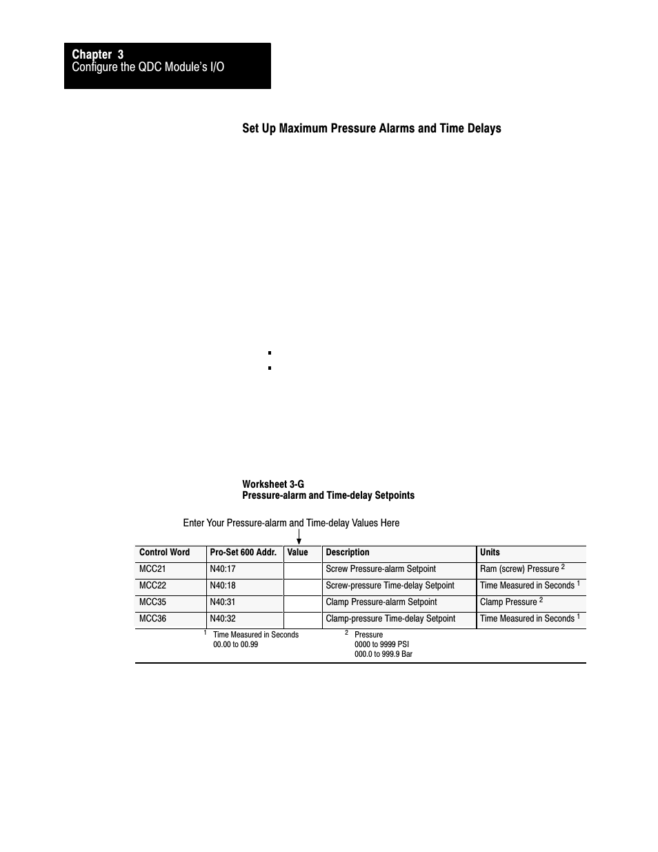 Configure the qdc module's i/o chapter 3, Set up maximum pressure alarms and time delays | Rockwell Automation 1771-QDC, D17716.5.86(Passport) PLASTIC MOLDING MODULE User Manual | Page 54 / 289