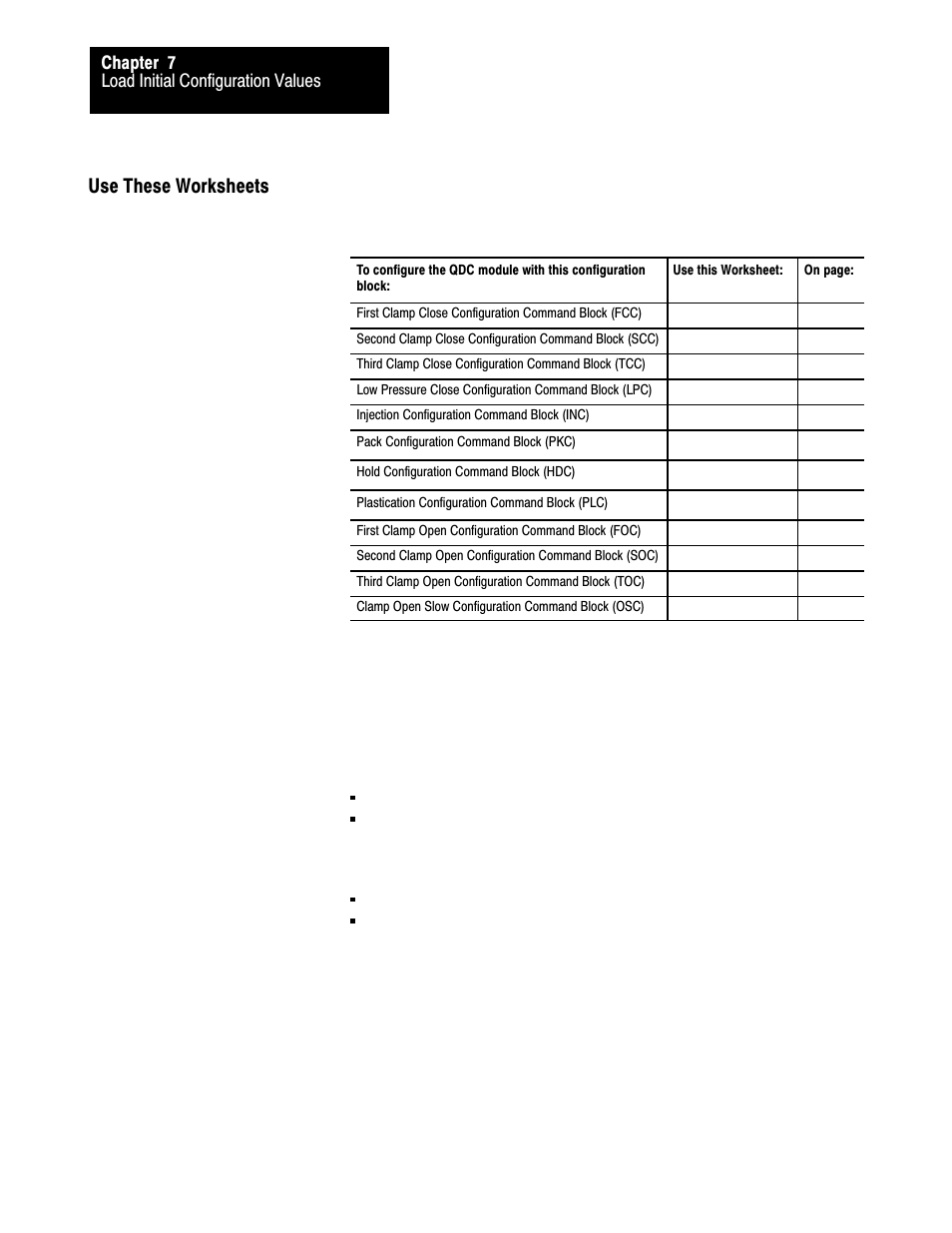 Use these worksheets, Load initial configuration values chapter 7 | Rockwell Automation 1771-QDC, D17716.5.86(Passport) PLASTIC MOLDING MODULE User Manual | Page 83 / 289