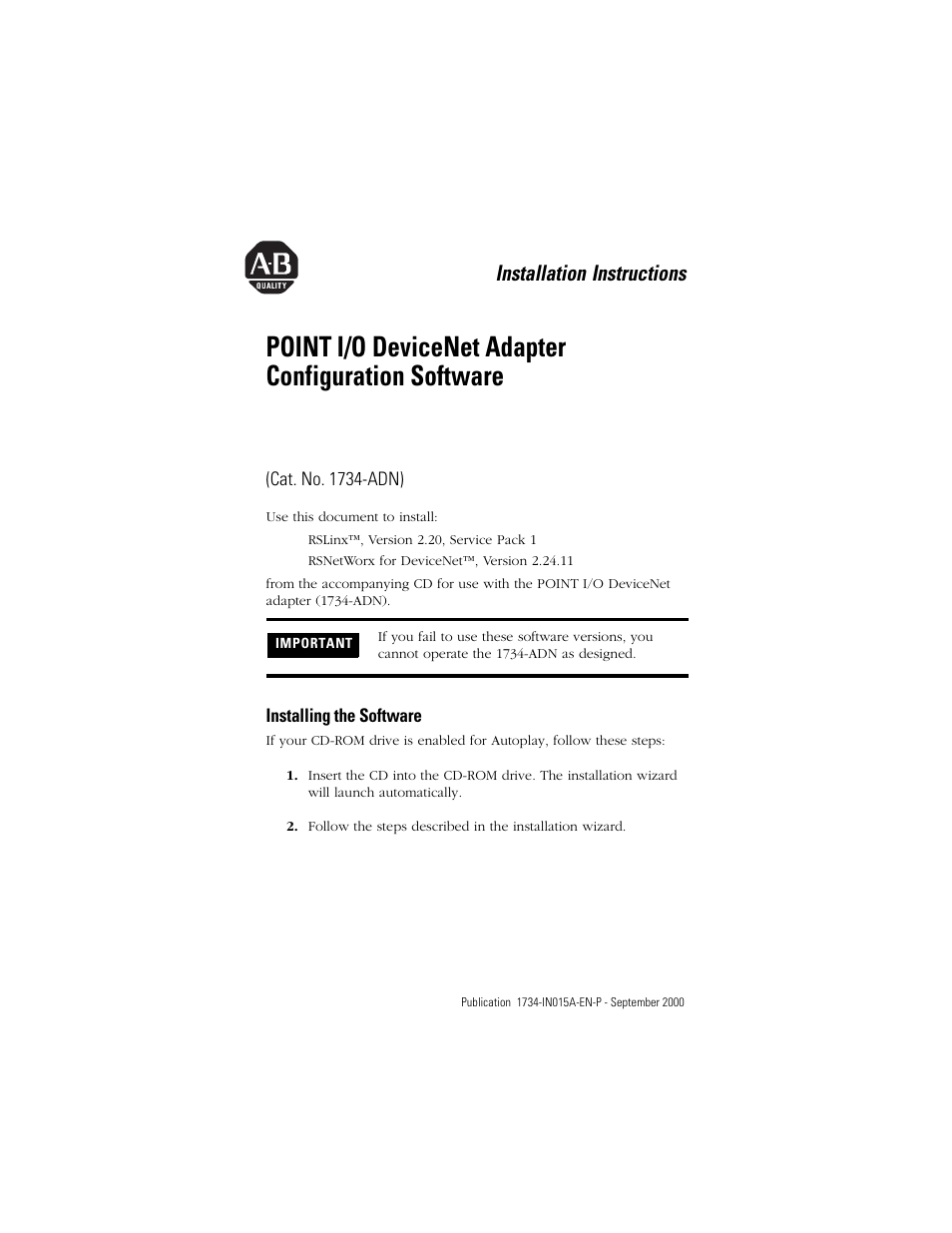 Rockwell Automation 1734-ADN POINT I/O DeviceNet Adapter Configuration Software Installation Instructions User Manual | 2 pages