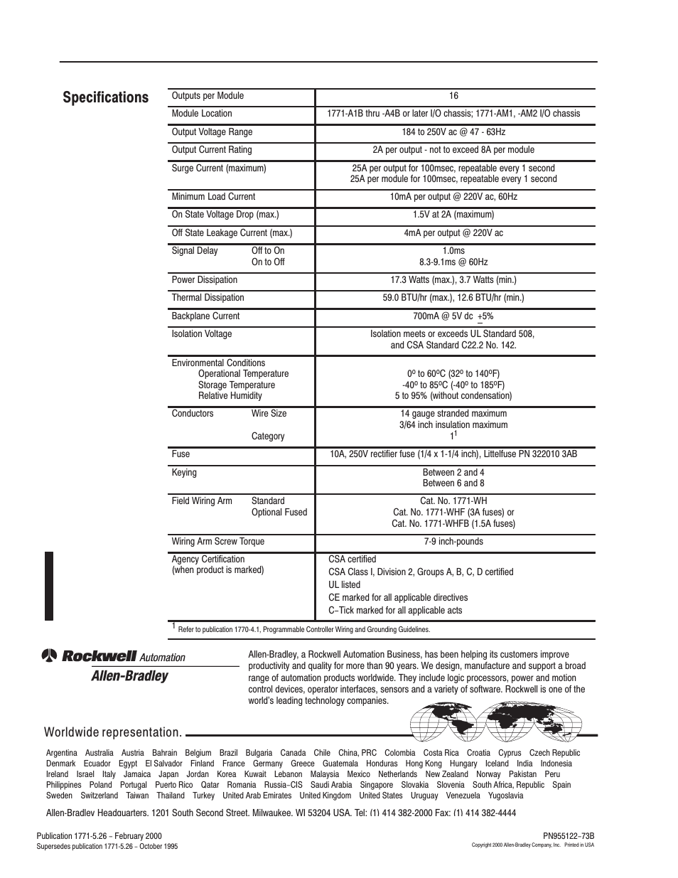 Back cover, Specifications, Worldwide representation | Rockwell Automation 1771-OMD AC(220V) Output Mod Installation Instructions User Manual | Page 12 / 12