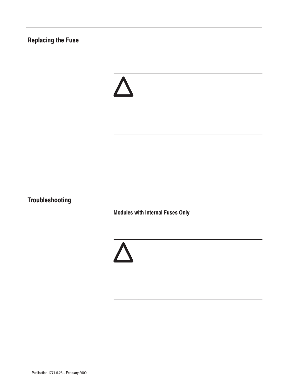 Replacing the fuse, Troubleshooting, Modules with internal fuses only | Rockwell Automation 1771-OMD AC(220V) Output Mod Installation Instructions User Manual | Page 8 / 12