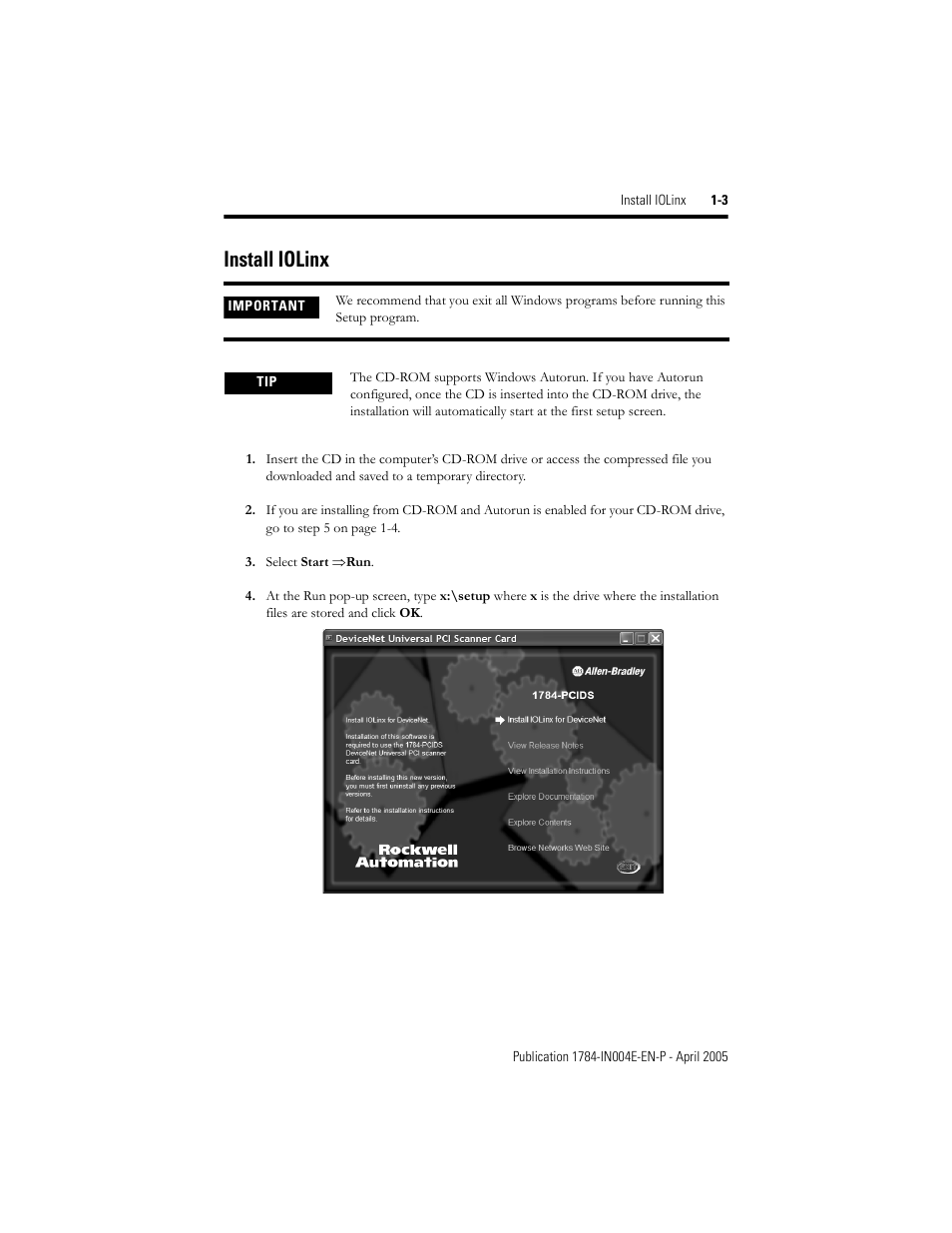 Install iolinx, Install iolinx -3, Install iolinx pr | Rockwell Automation 1784-PCIDS DeviceNet PCI Communication Interface Card User Manual | Page 11 / 68