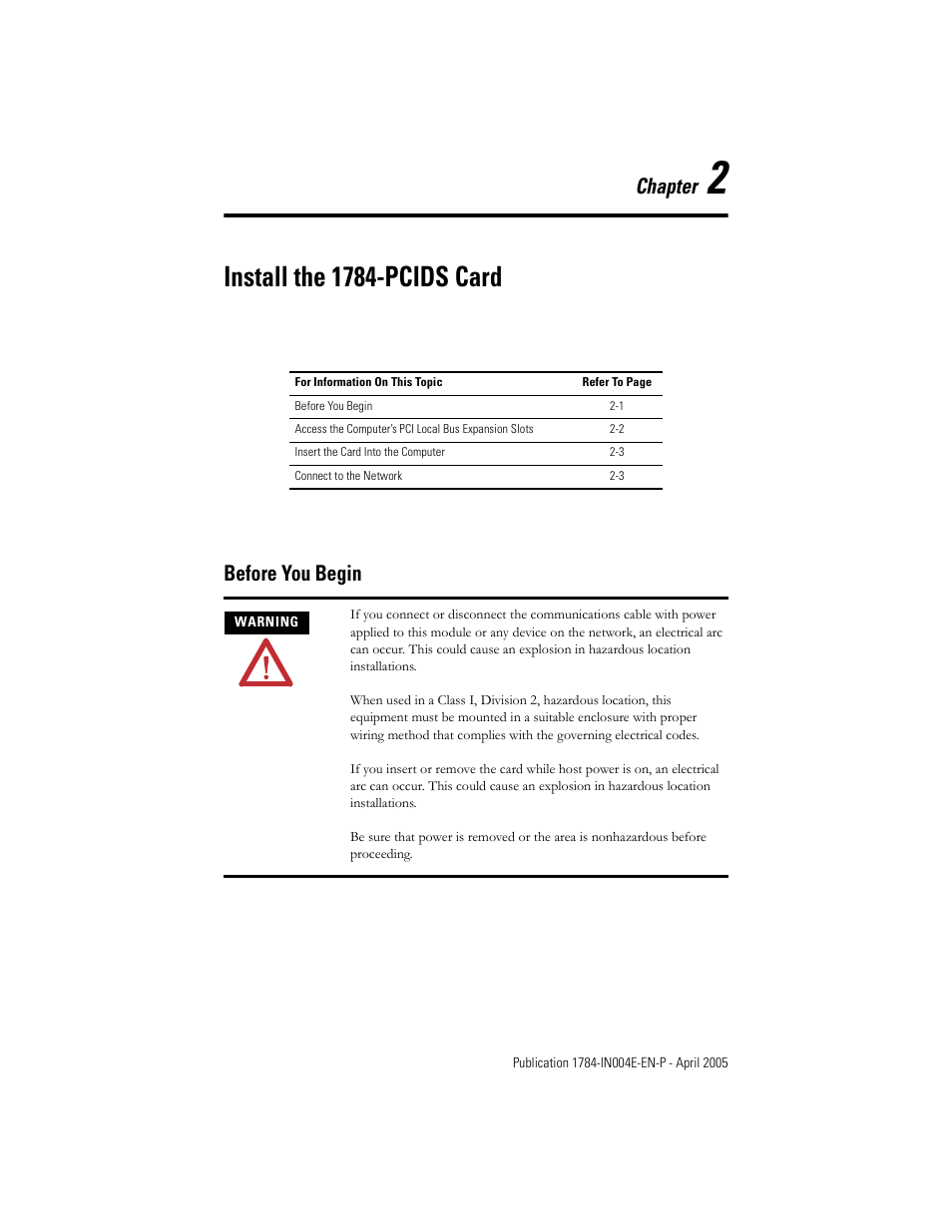 Install the 1784-pcids card, Before you begin, Chapter 2 | Before you begin -1, Chapter | Rockwell Automation 1784-PCIDS DeviceNet PCI Communication Interface Card User Manual | Page 15 / 68