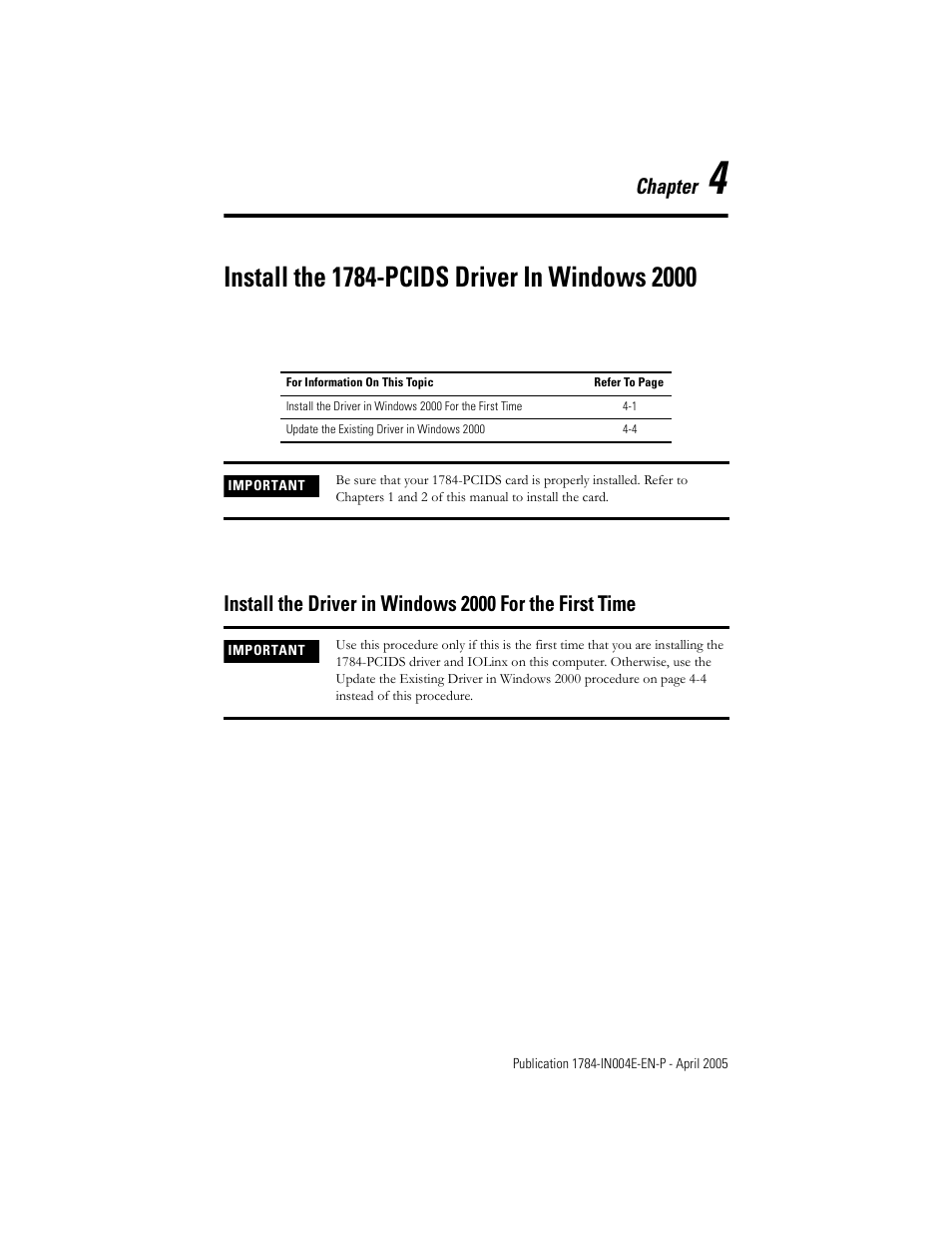 4 - install the 1784-pcids driver in windows 2000, Chapter 4, Install the 1784-pcids driver in windows 2000 | Chapter | Rockwell Automation 1784-PCIDS DeviceNet PCI Communication Interface Card User Manual | Page 29 / 68