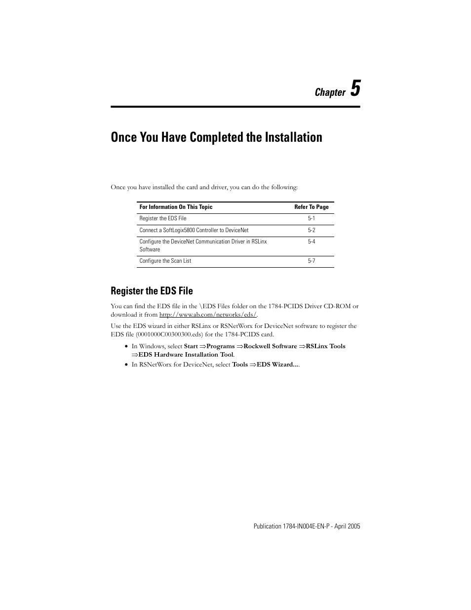 Once you have completed the installation, Register the eds file, Chapter 5 | Register the eds file -1, Chapter | Rockwell Automation 1784-PCIDS DeviceNet PCI Communication Interface Card User Manual | Page 37 / 68