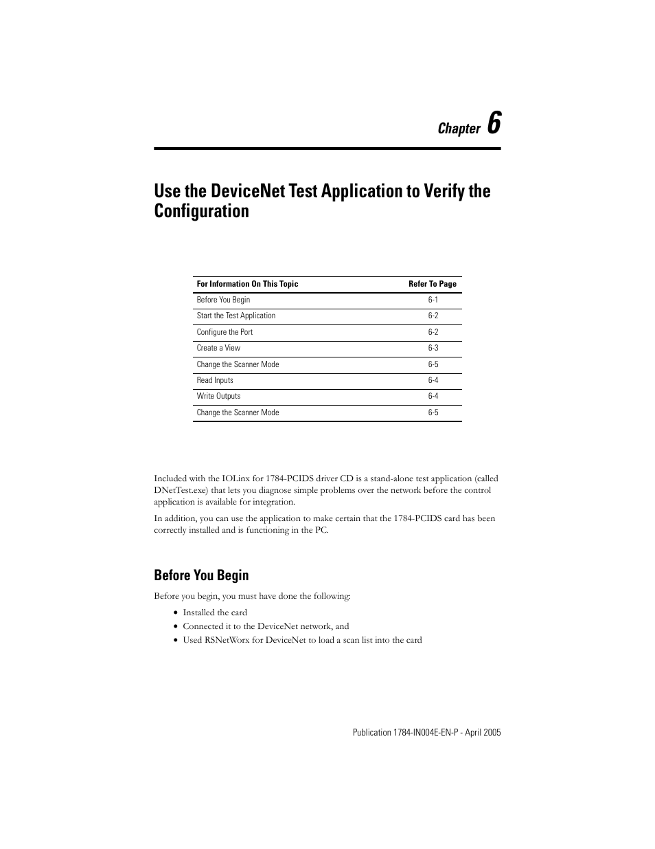 Before you begin, Chapter 6, Before you begin -1 | Chapter | Rockwell Automation 1784-PCIDS DeviceNet PCI Communication Interface Card User Manual | Page 45 / 68