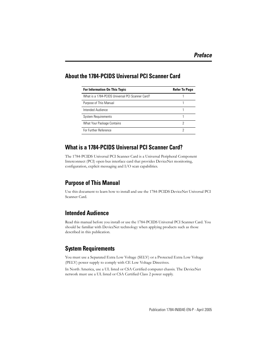 Preface, About the 1784-pcids universal pci scanner card, What is a 1784-pcids universal pci scanner card | Purpose of this manual, Intended audience, System requirements | Rockwell Automation 1784-PCIDS DeviceNet PCI Communication Interface Card User Manual | Page 5 / 68
