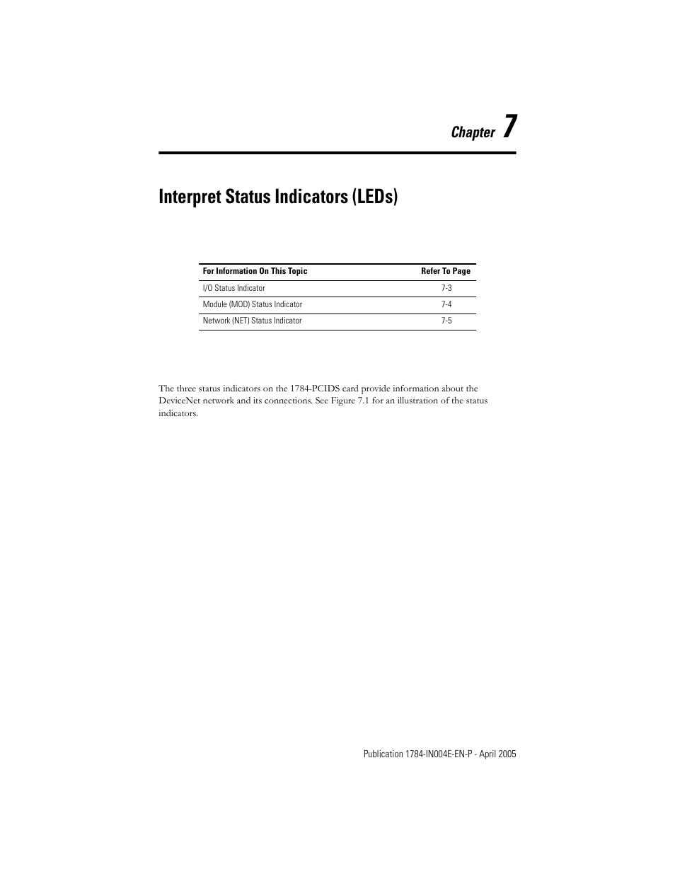 Interpret status indicators (leds), Chapter 7, Chapter | Rockwell Automation 1784-PCIDS DeviceNet PCI Communication Interface Card User Manual | Page 53 / 68