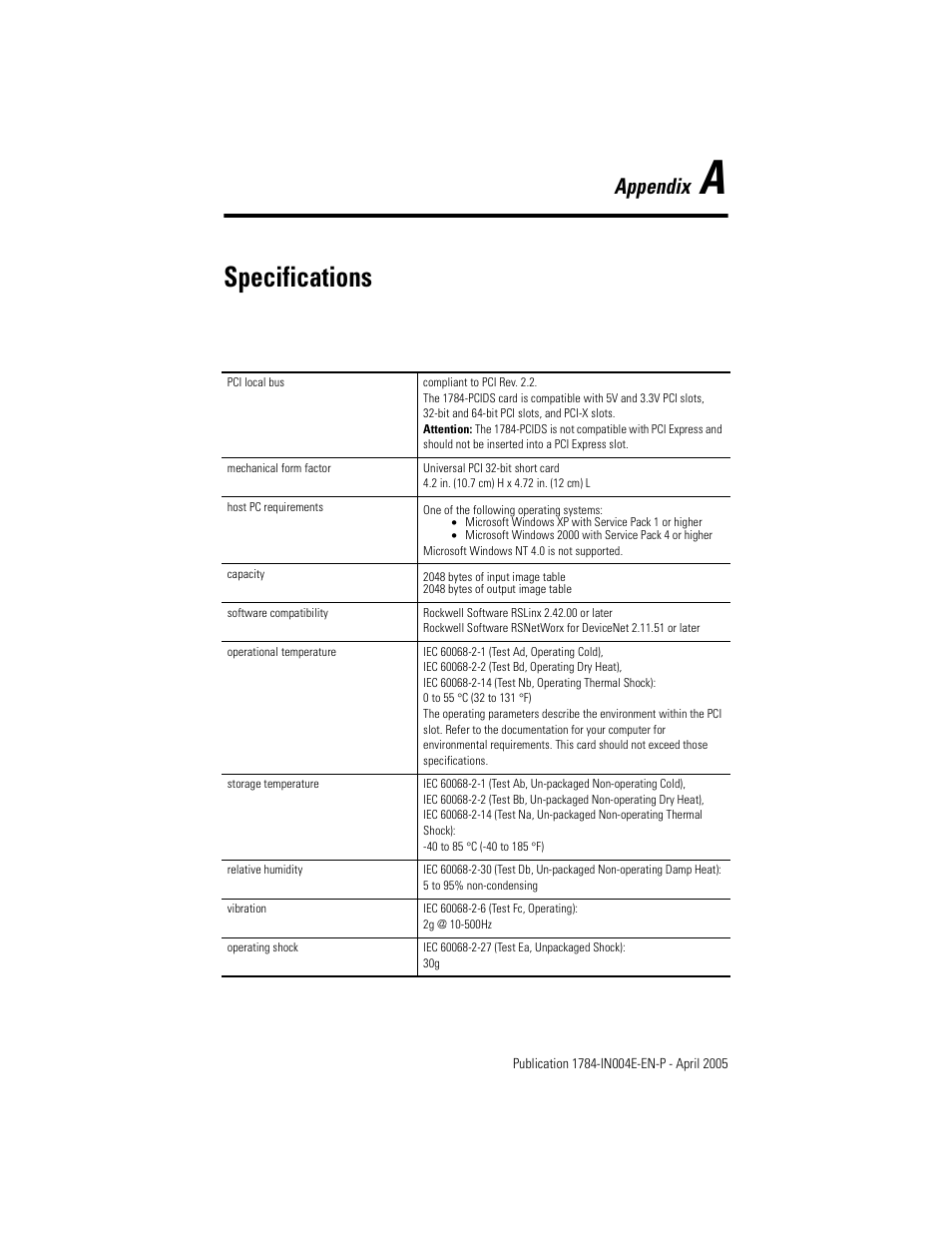 A- specifications, Appendix a, Specifications | Appendix | Rockwell Automation 1784-PCIDS DeviceNet PCI Communication Interface Card User Manual | Page 59 / 68