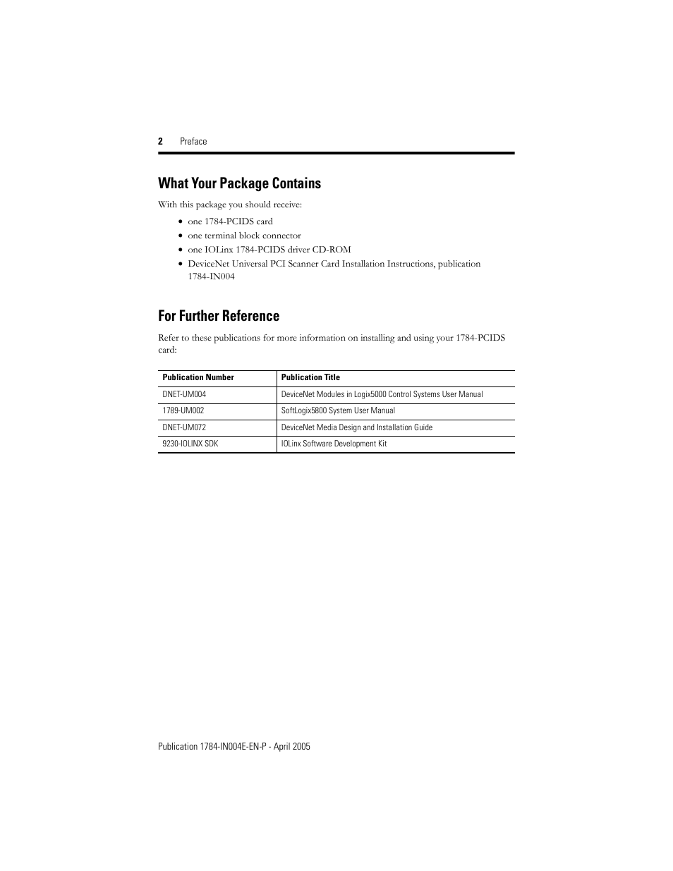 What your package contains, For further reference | Rockwell Automation 1784-PCIDS DeviceNet PCI Communication Interface Card User Manual | Page 6 / 68