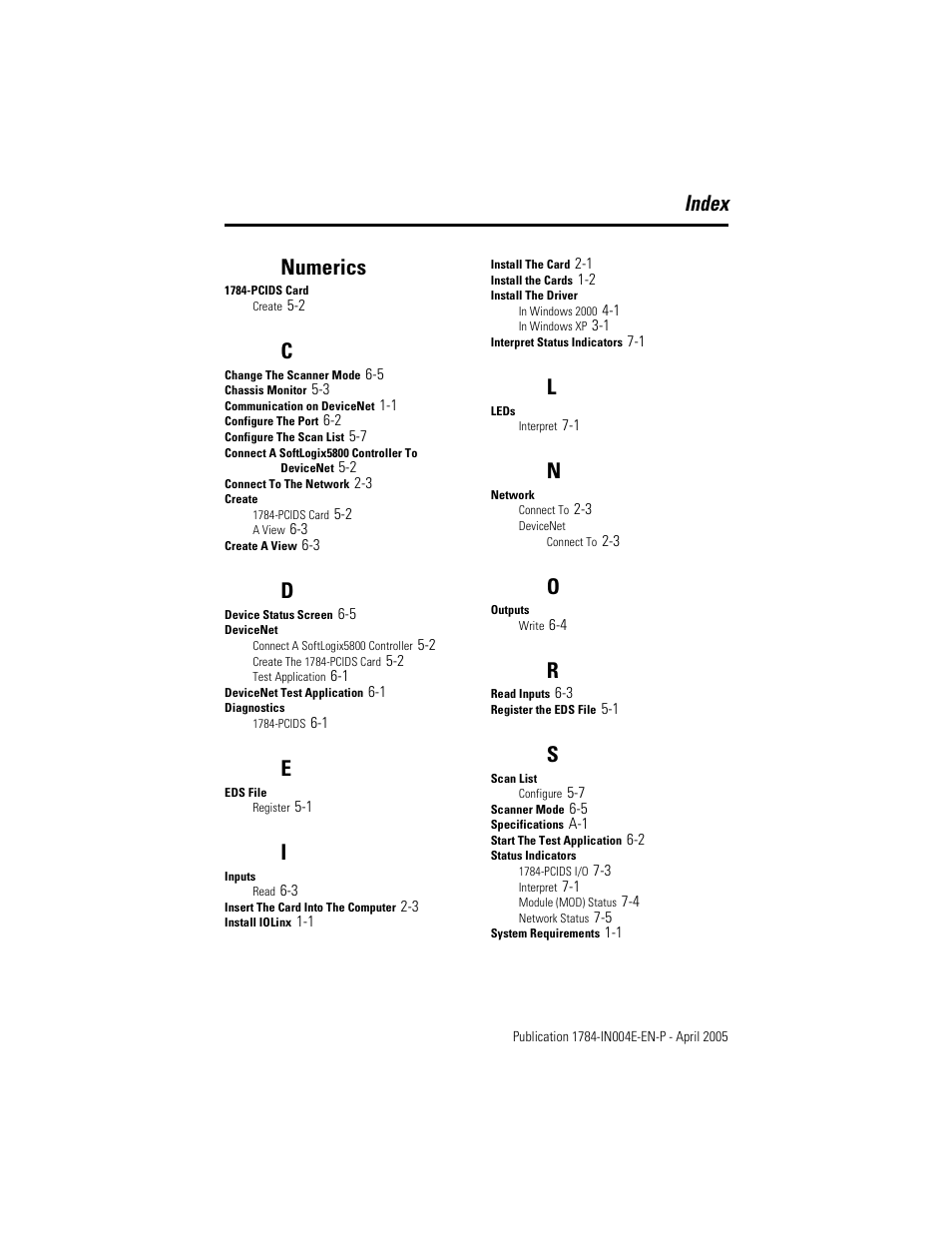 Index, Numerics, Index numerics | Rockwell Automation 1784-PCIDS DeviceNet PCI Communication Interface Card User Manual | Page 63 / 68