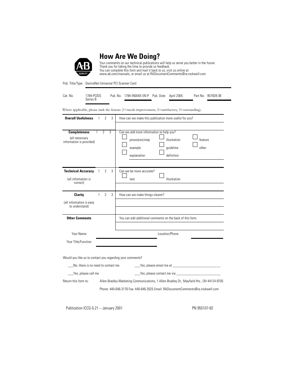 How are we doing | Rockwell Automation 1784-PCIDS DeviceNet PCI Communication Interface Card User Manual | Page 65 / 68