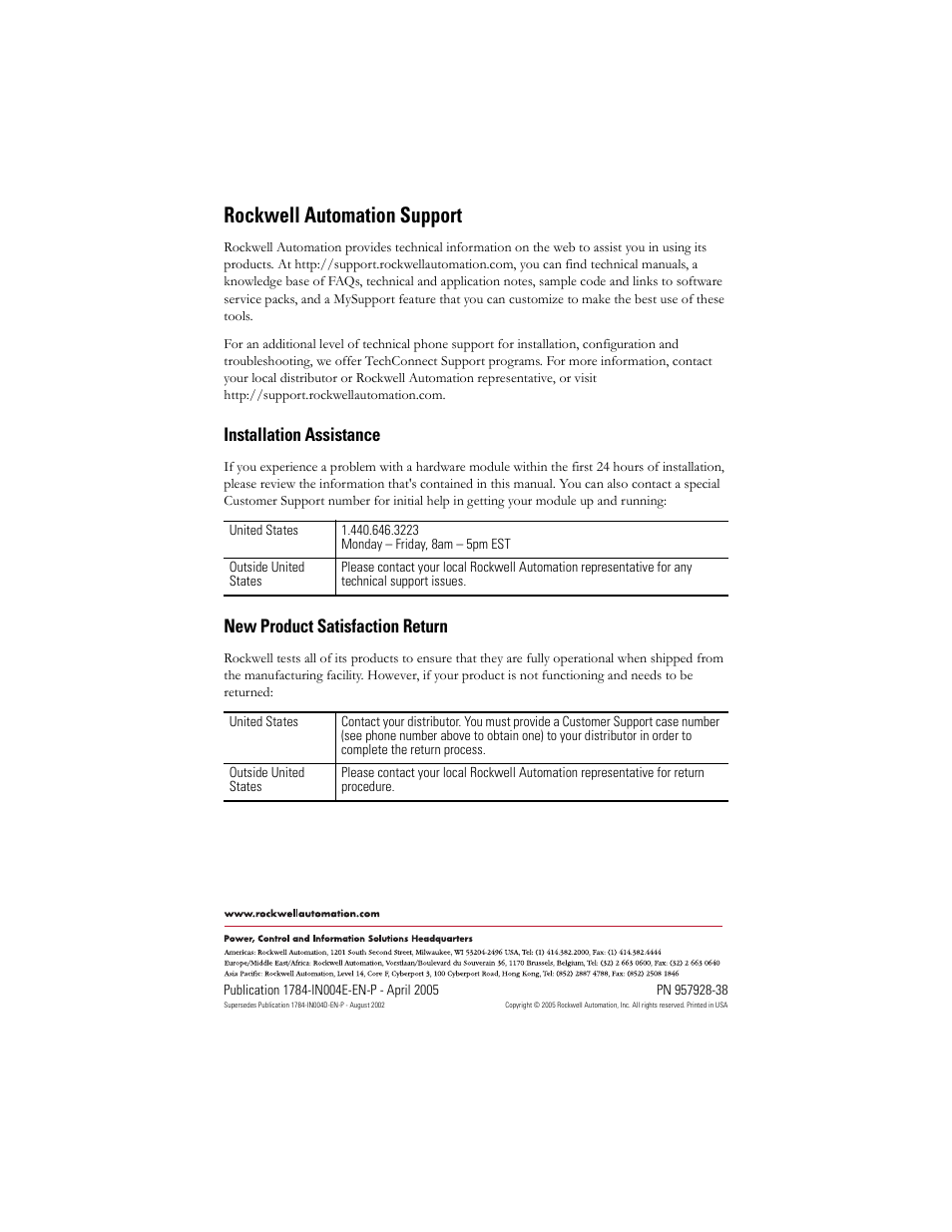 Back cover, Rockwell automation support, Installation assistance | New product satisfaction return | Rockwell Automation 1784-PCIDS DeviceNet PCI Communication Interface Card User Manual | Page 68 / 68