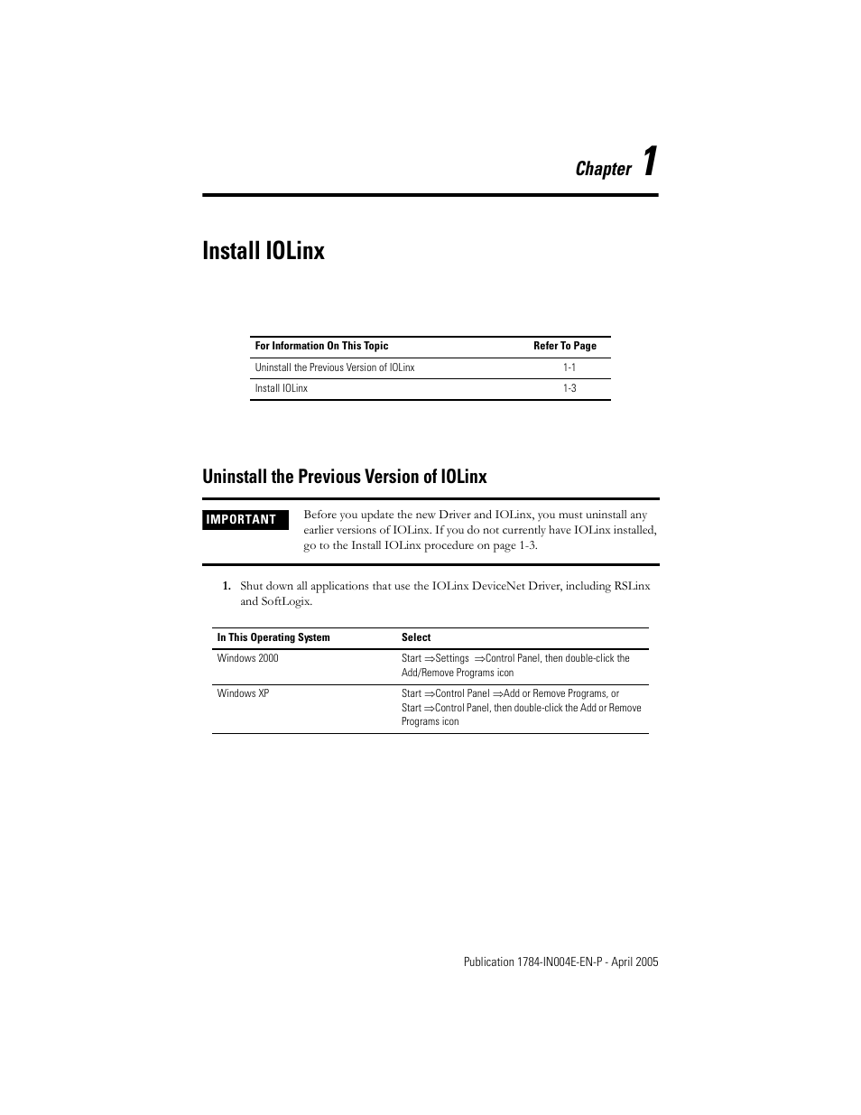 Install iolinx, Uninstall the previous version of iolinx, Ter 1 | Uninstall the previous version of iolinx -1, Chapter | Rockwell Automation 1784-PCIDS DeviceNet PCI Communication Interface Card User Manual | Page 9 / 68