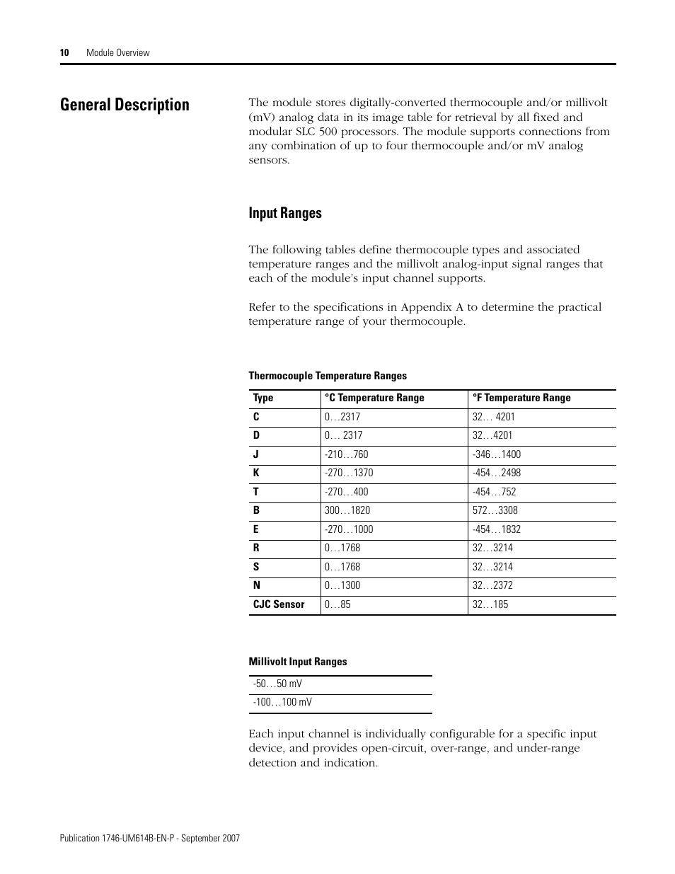 General description, Input ranges | Rockwell Automation 1746-INT4 Thermocouple/MV Isolated/ User Manual User Manual | Page 10 / 116