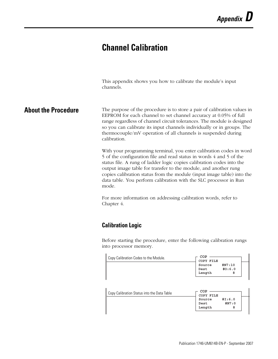 D - channel calibration, About the procedure, Appendix d | Channel calibration, Appendix, Calibration logic | Rockwell Automation 1746-INT4 Thermocouple/MV Isolated/ User Manual User Manual | Page 103 / 116