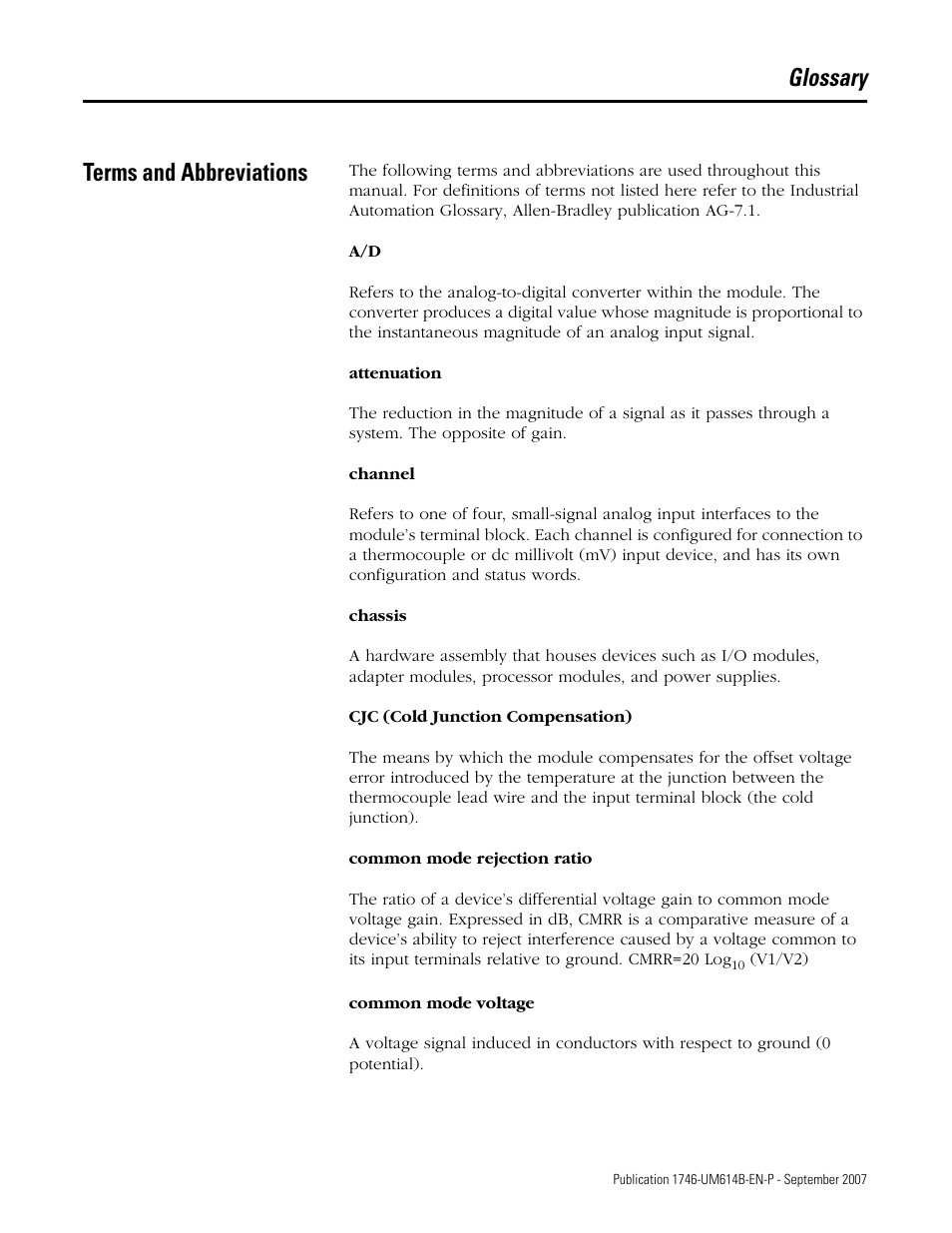Glossary, Glossary terms and abbreviations | Rockwell Automation 1746-INT4 Thermocouple/MV Isolated/ User Manual User Manual | Page 109 / 116