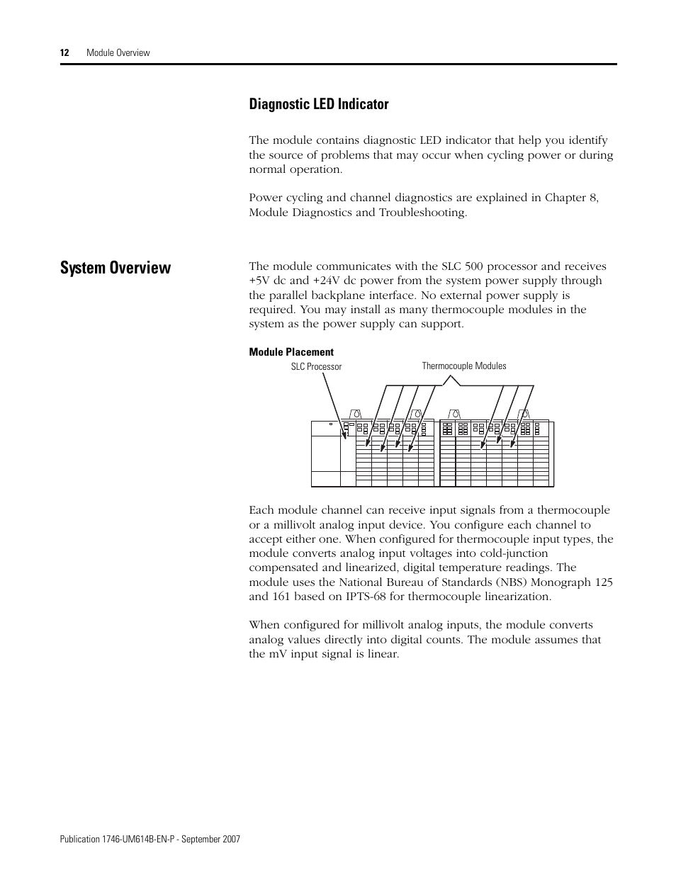 System overview, Diagnostic led indicator | Rockwell Automation 1746-INT4 Thermocouple/MV Isolated/ User Manual User Manual | Page 12 / 116