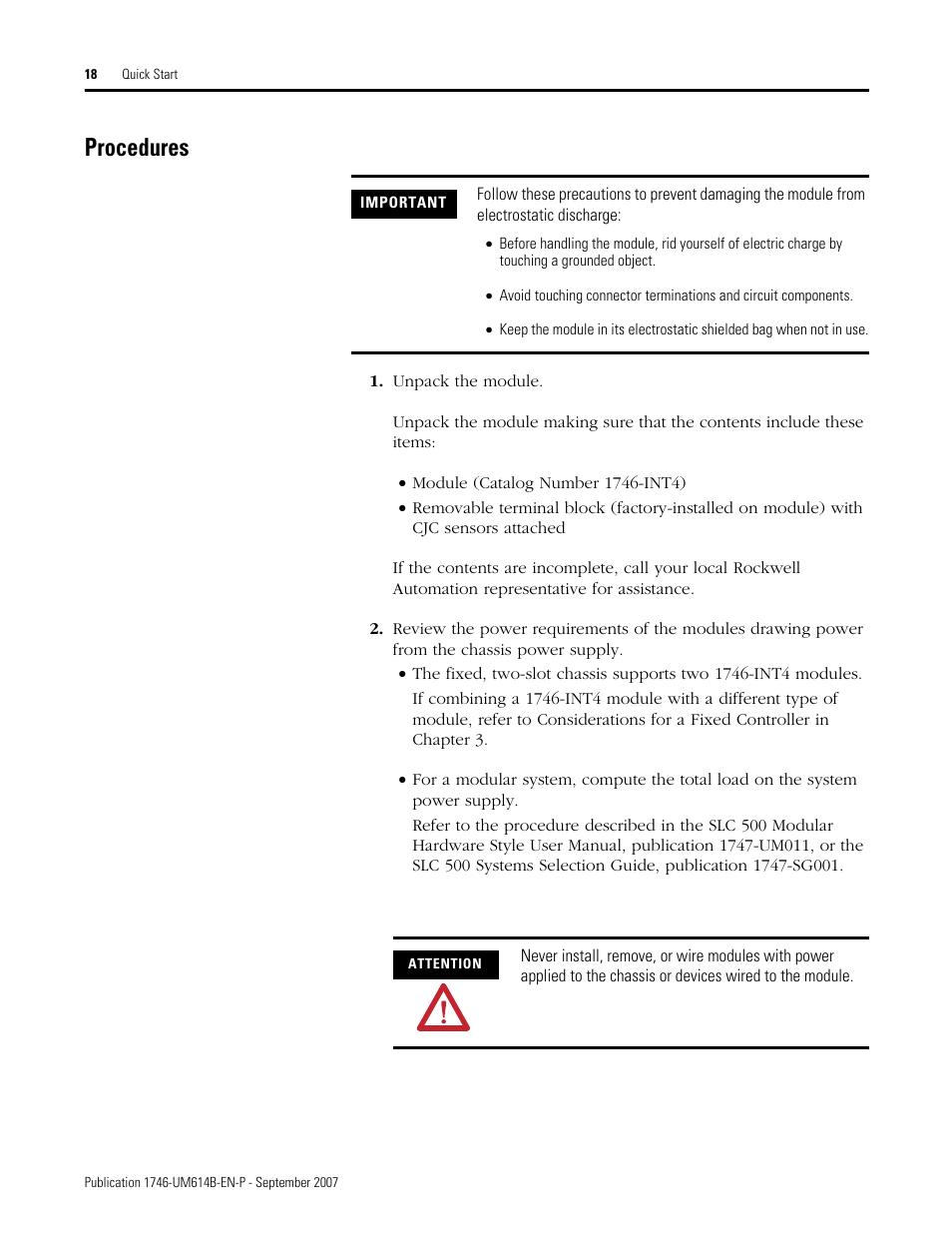 Procedures | Rockwell Automation 1746-INT4 Thermocouple/MV Isolated/ User Manual User Manual | Page 18 / 116