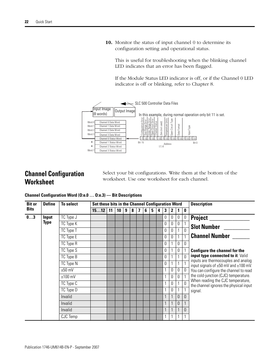 Channel configuration worksheet | Rockwell Automation 1746-INT4 Thermocouple/MV Isolated/ User Manual User Manual | Page 22 / 116